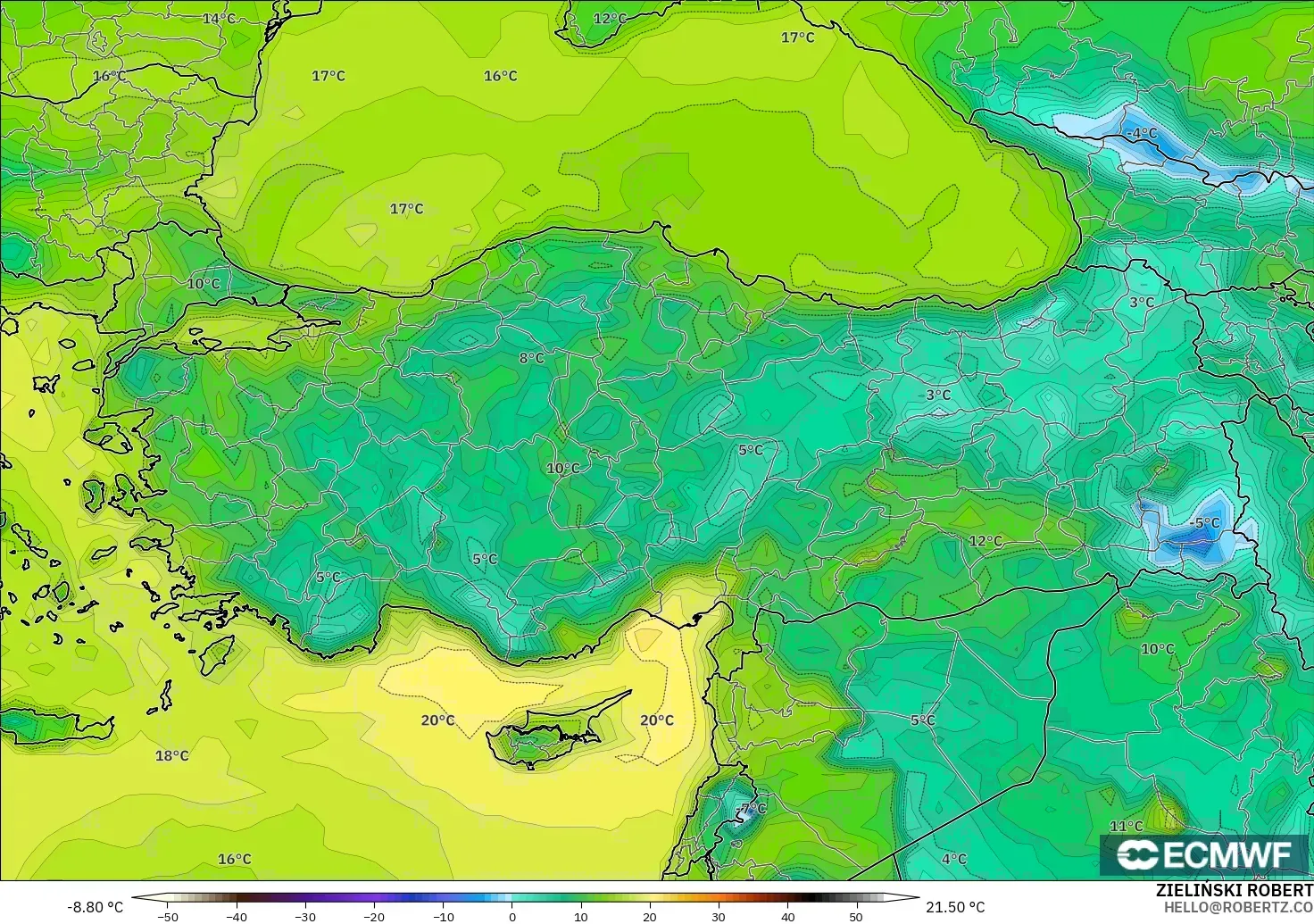 ECMWF IFS 0.25° modelo - Turquía, Punto de rocío a 2 m