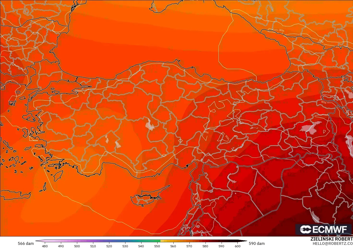 ECMWF IFS 0.25° modelo - Turquía, Altura geopotencial a 500 hPa