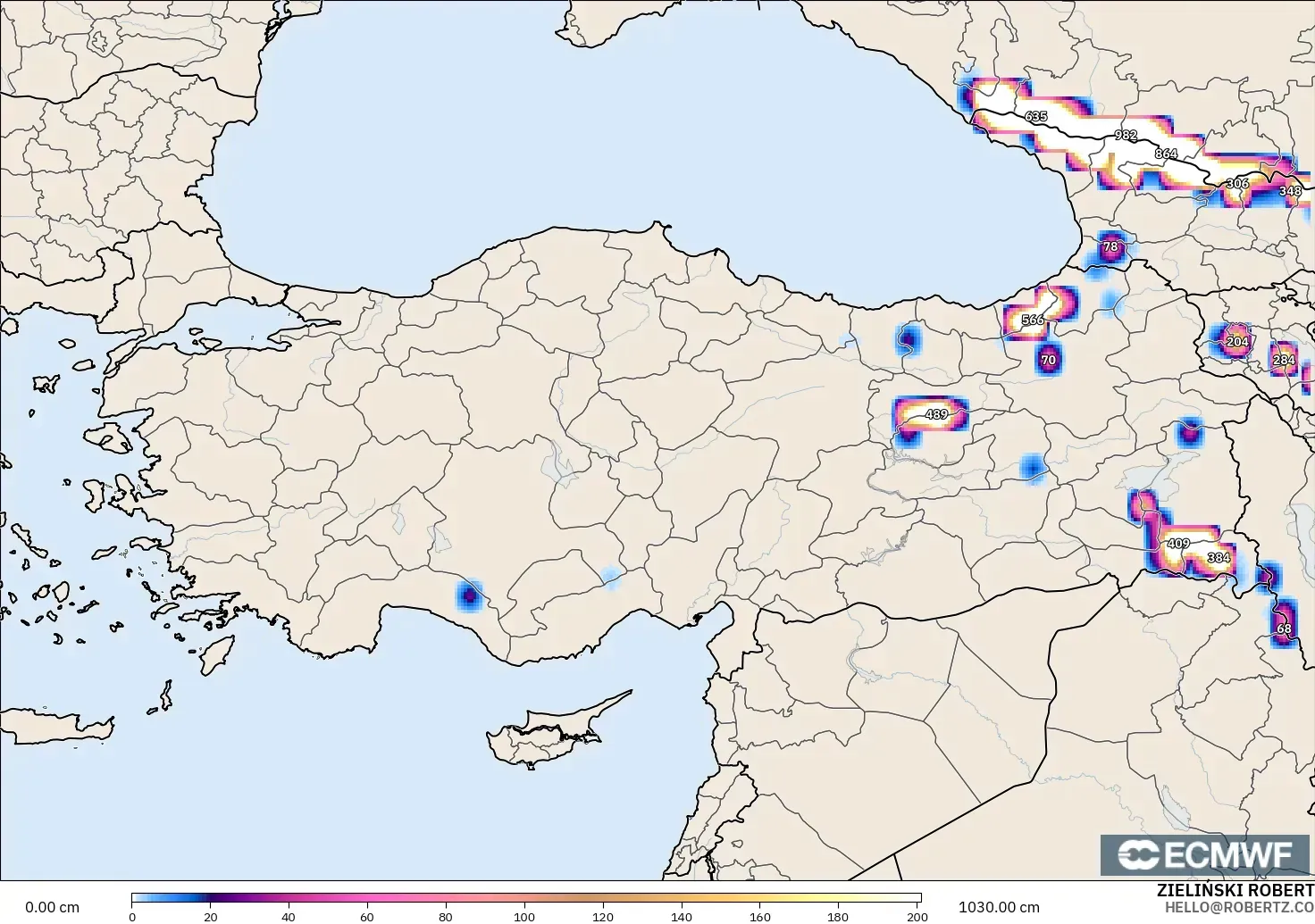 ECMWF IFS 0.25° modelo - Turquía, Profundidad de nieve