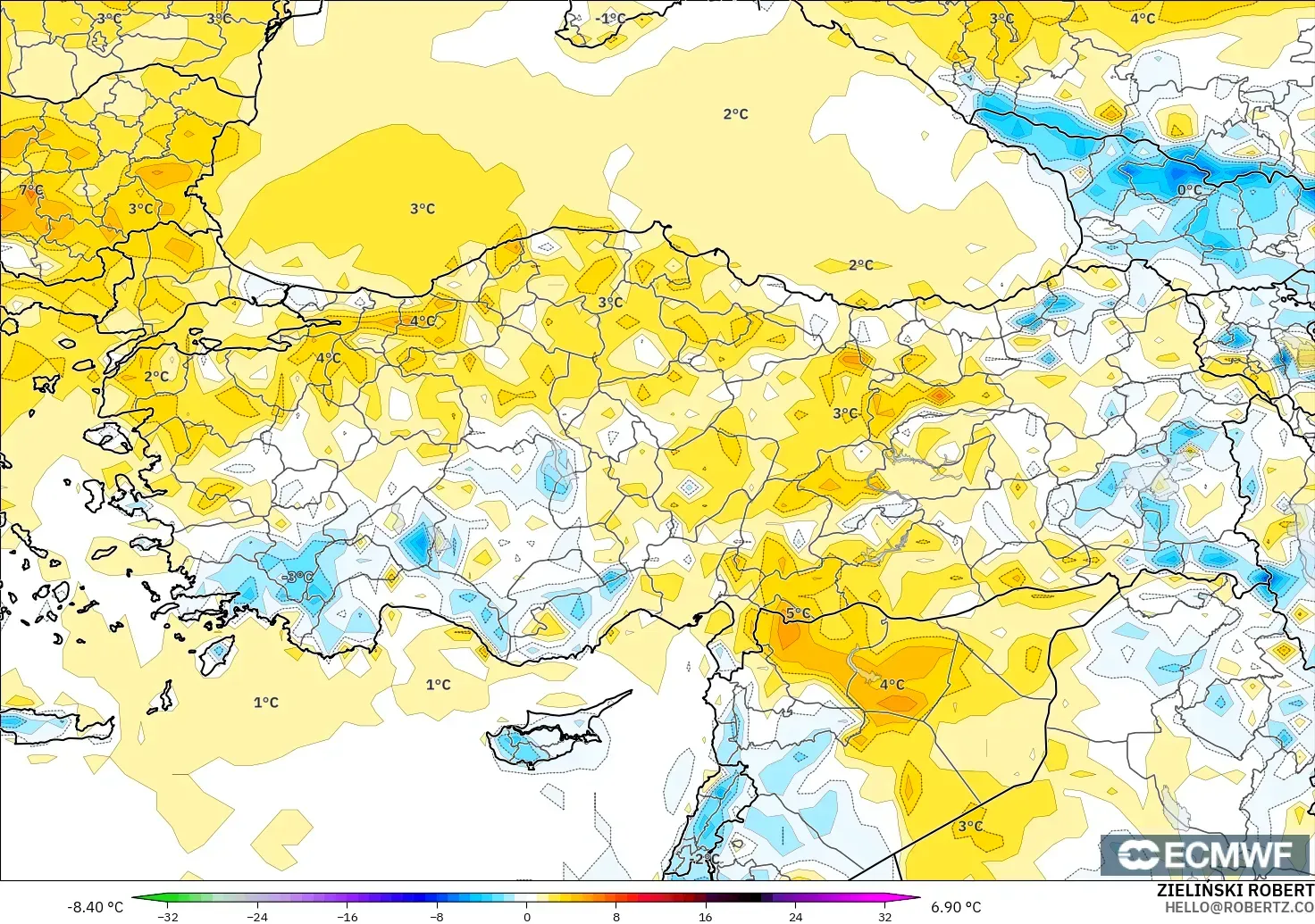 ECMWF IFS 0.25° modelo - Turquía, Anomalía de temperatura a 2 m