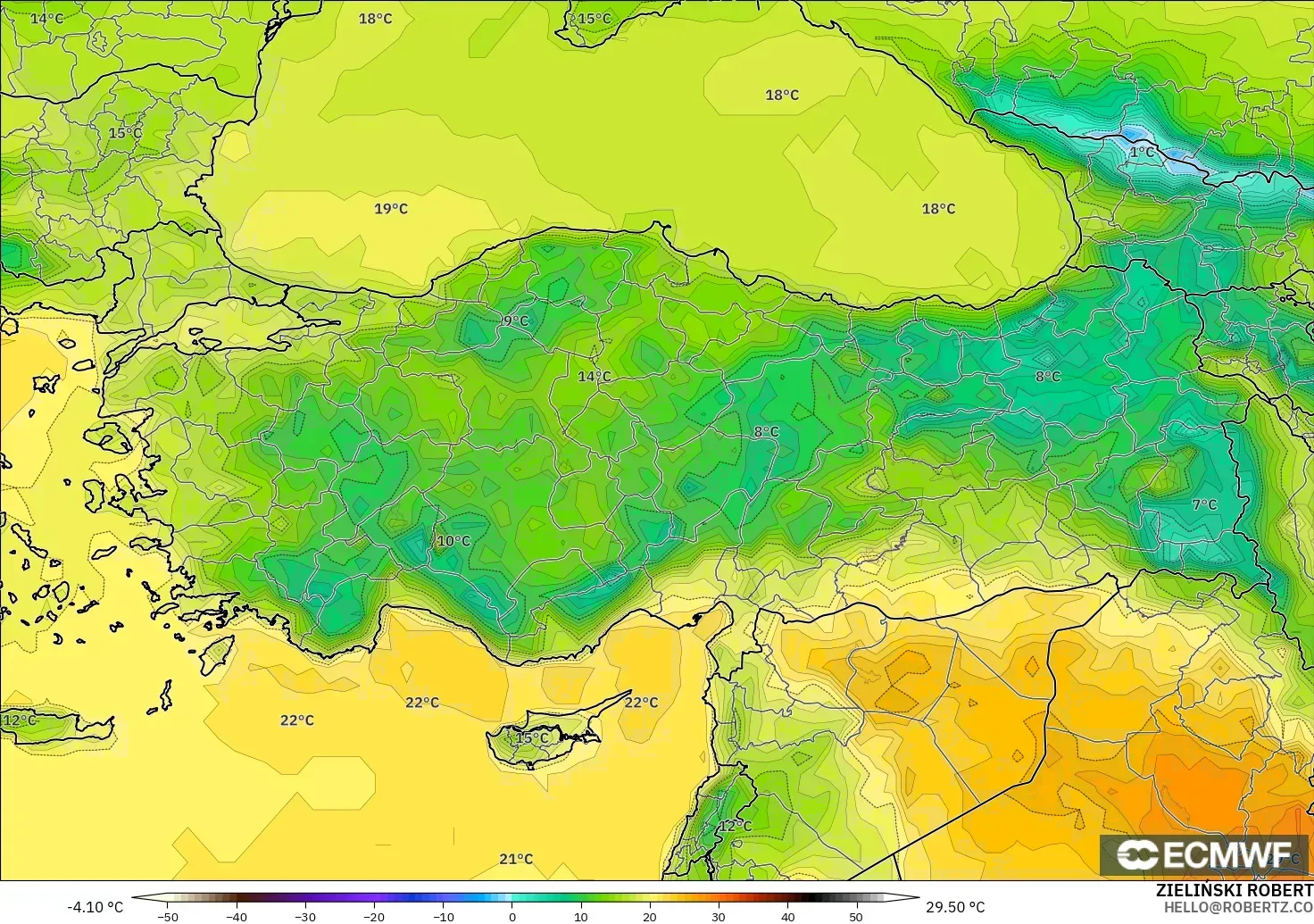 ECMWF IFS 0.25° modelo - Turquía, Temperatura a 2 m
