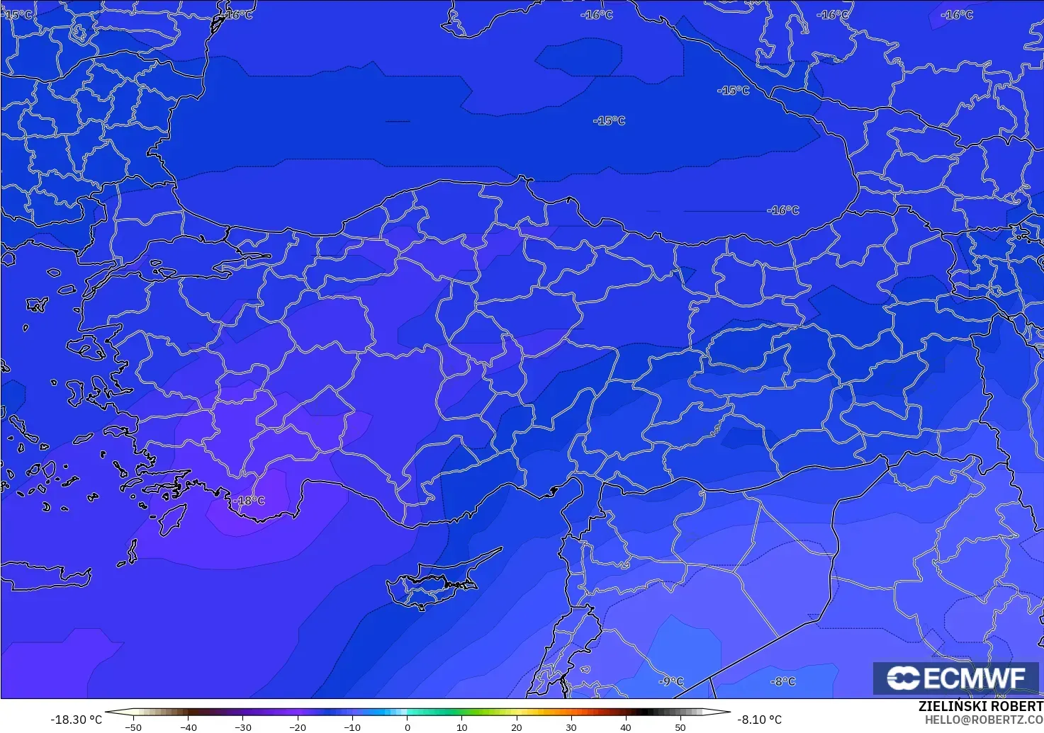 ECMWF IFS 0.25° modelo - Turquía, Temperatura a 500 hPa