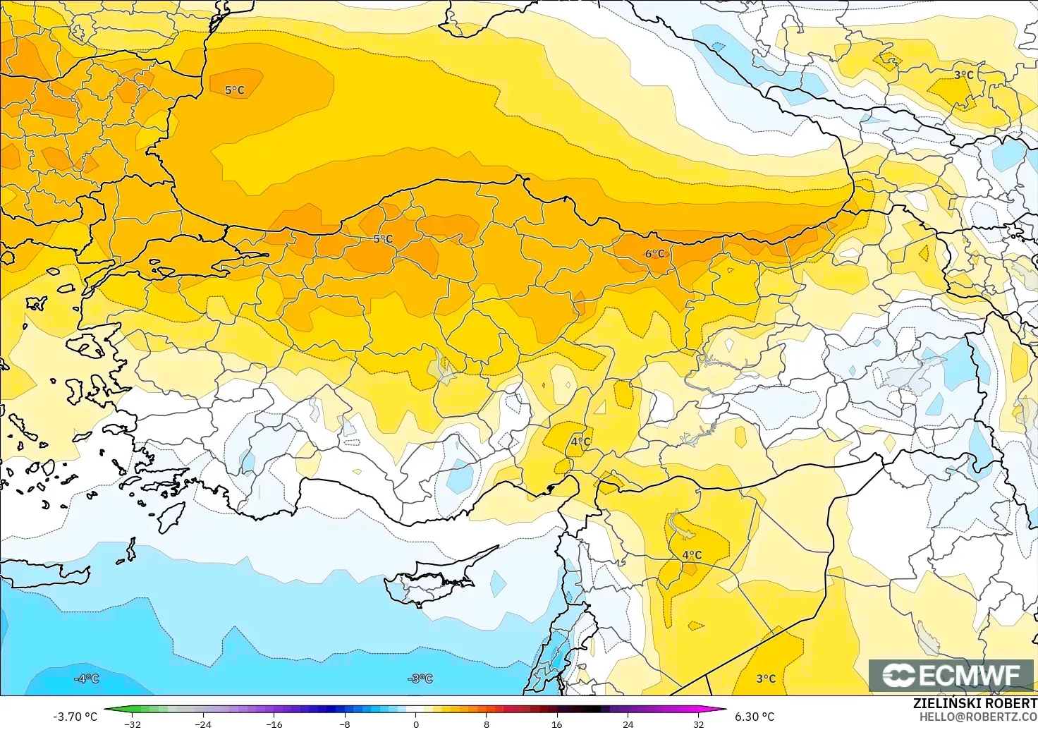 ECMWF IFS 0.25° modelo - Turquía, Anomalía de temperatura a 850 hPa