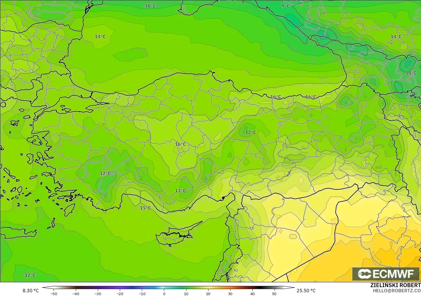 ECMWF IFS 0.25° modelo - Turquía, Temperatura a 850 hPa