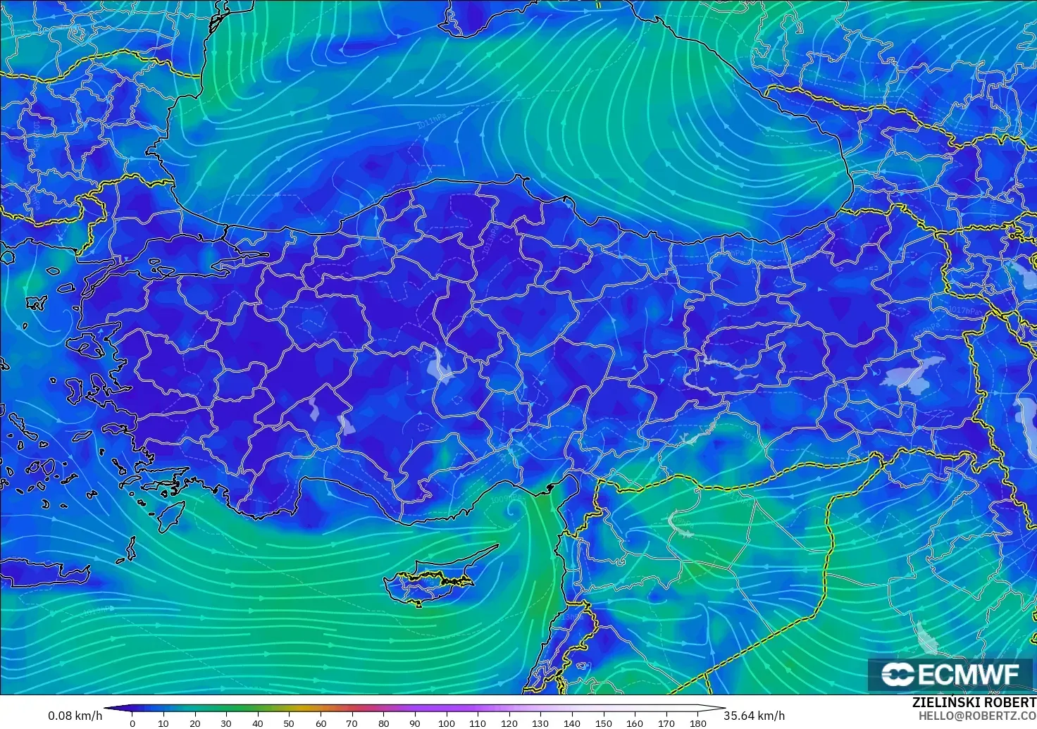 ECMWF IFS 0.25° modelo - Turquía, Viento a 10 m