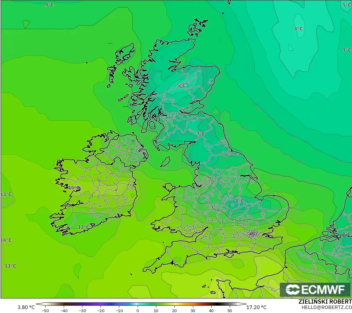 ECMWF IFS 0.25° modelo - Reino Unido, Punto de rocío a 2 m