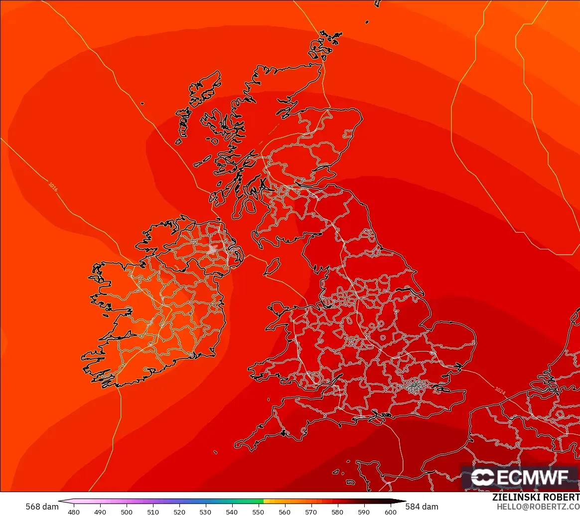 ECMWF IFS 0.25° modelo - Reino Unido, Altura geopotencial a 500 hPa