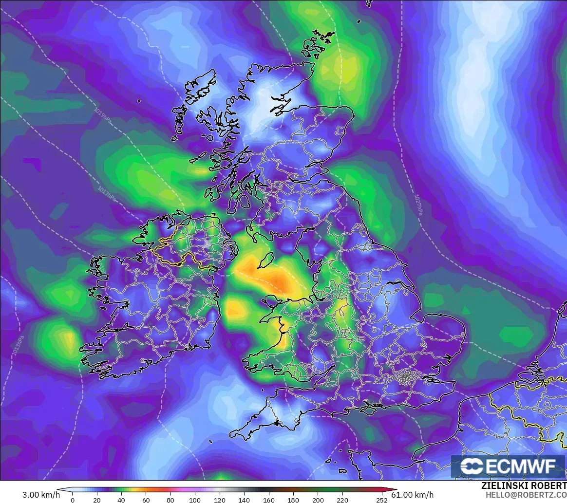 ECMWF IFS 0.25° modelo - Reino Unido, Ráfagas de viento