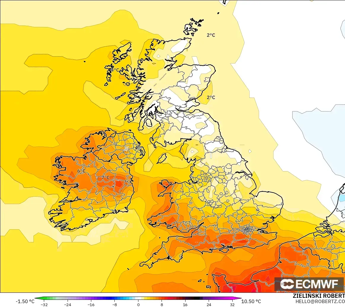 ECMWF IFS 0.25° modelo - Reino Unido, Anomalía de temperatura a 2 m
