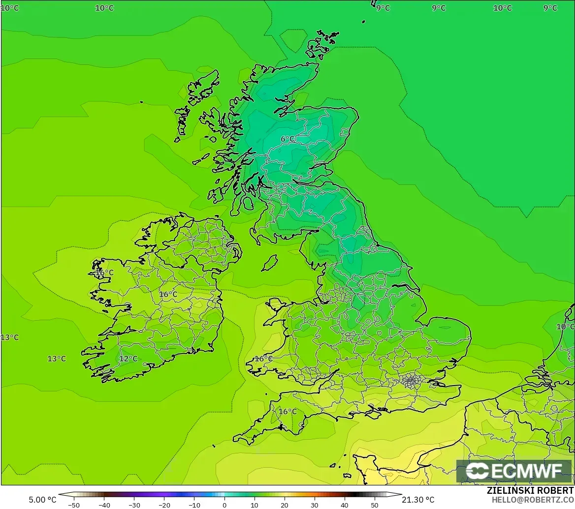 ECMWF IFS 0.25° modelo - Reino Unido, Temperatura a 2 m