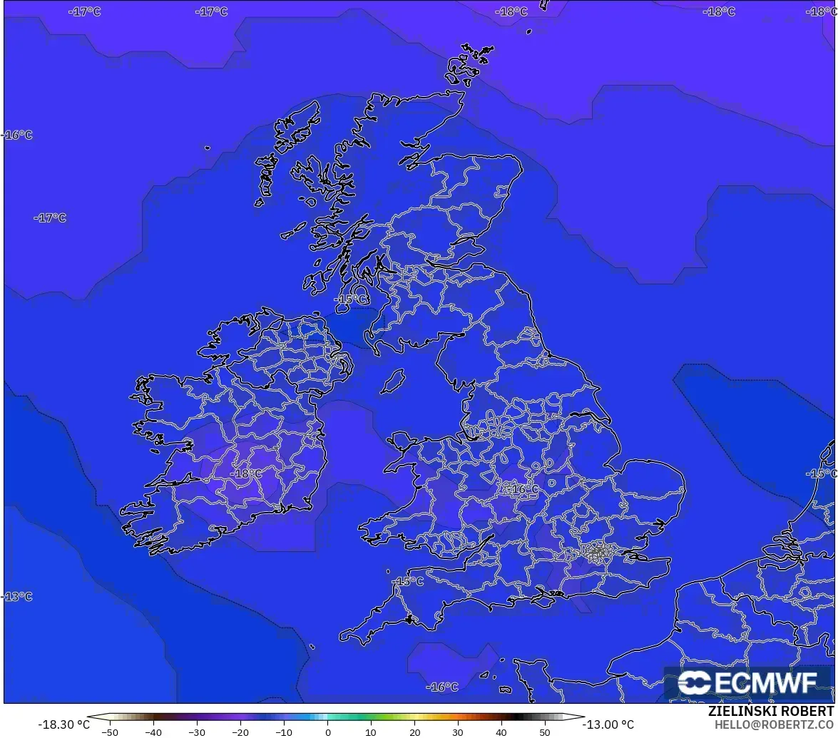 ECMWF IFS 0.25° modelo - Reino Unido, Temperatura a 500 hPa