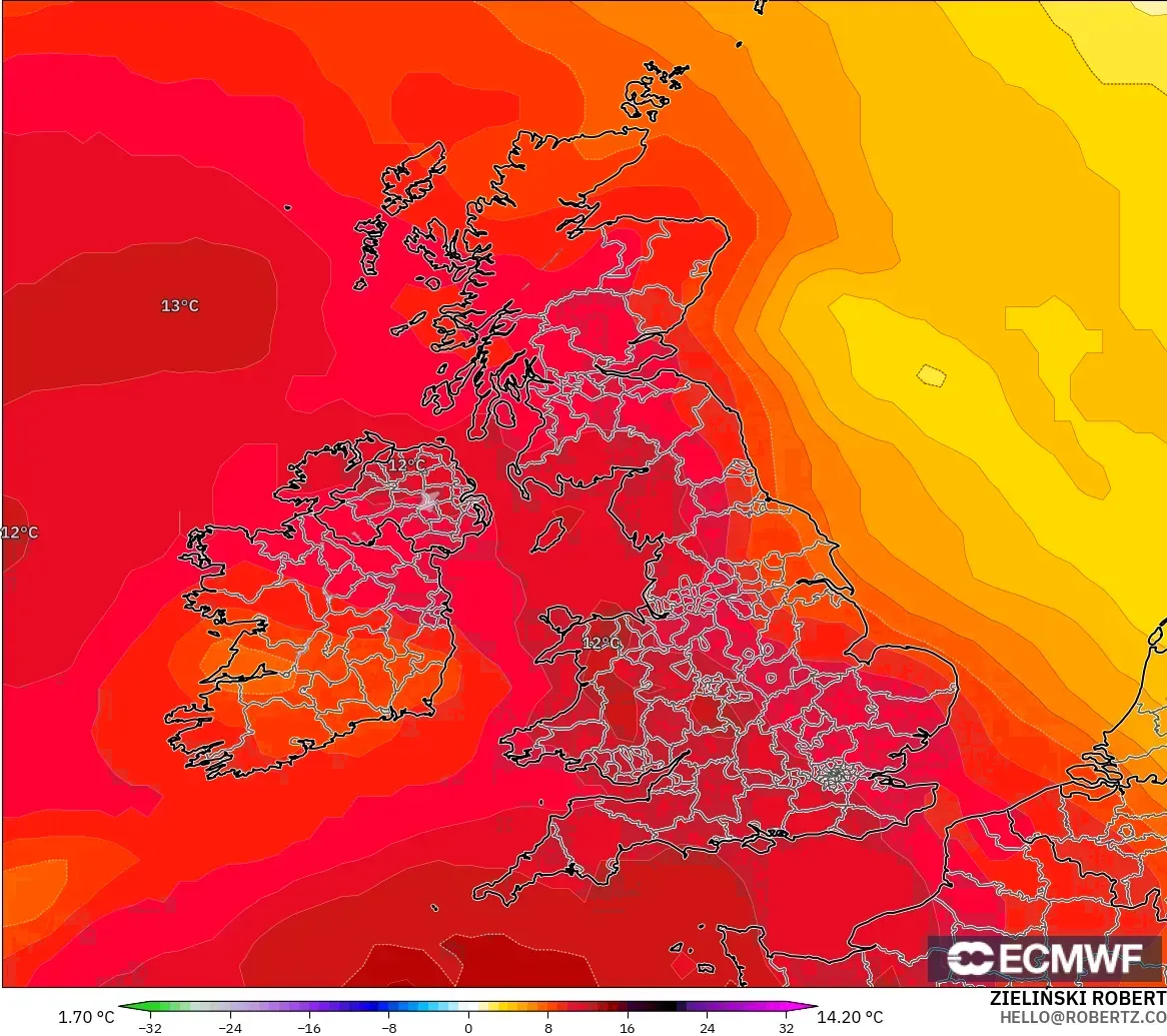 ECMWF IFS 0.25° modelo - Reino Unido, Anomalía de temperatura a 850 hPa