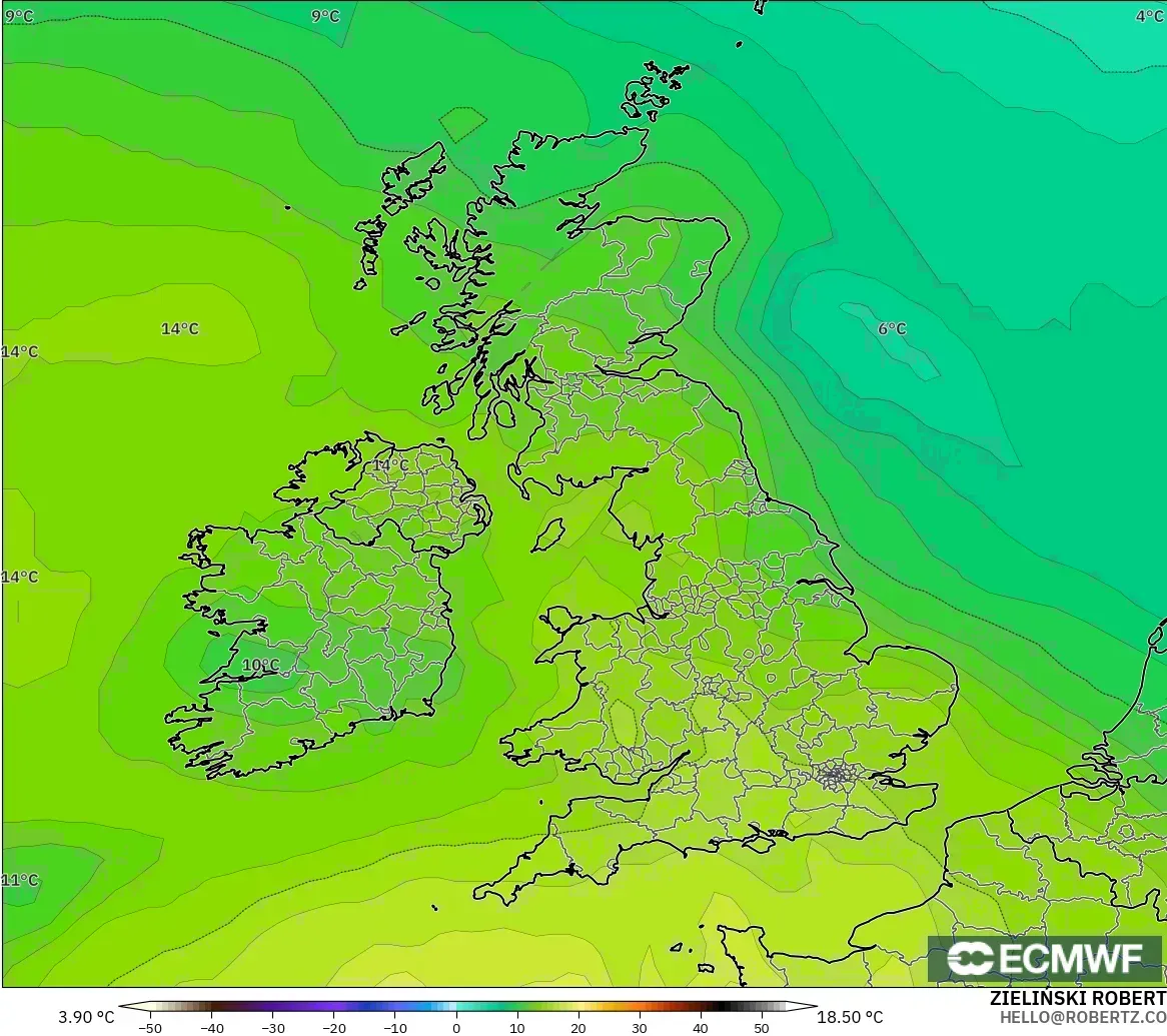 ECMWF IFS 0.25° modelo - Reino Unido, Temperatura a 850 hPa