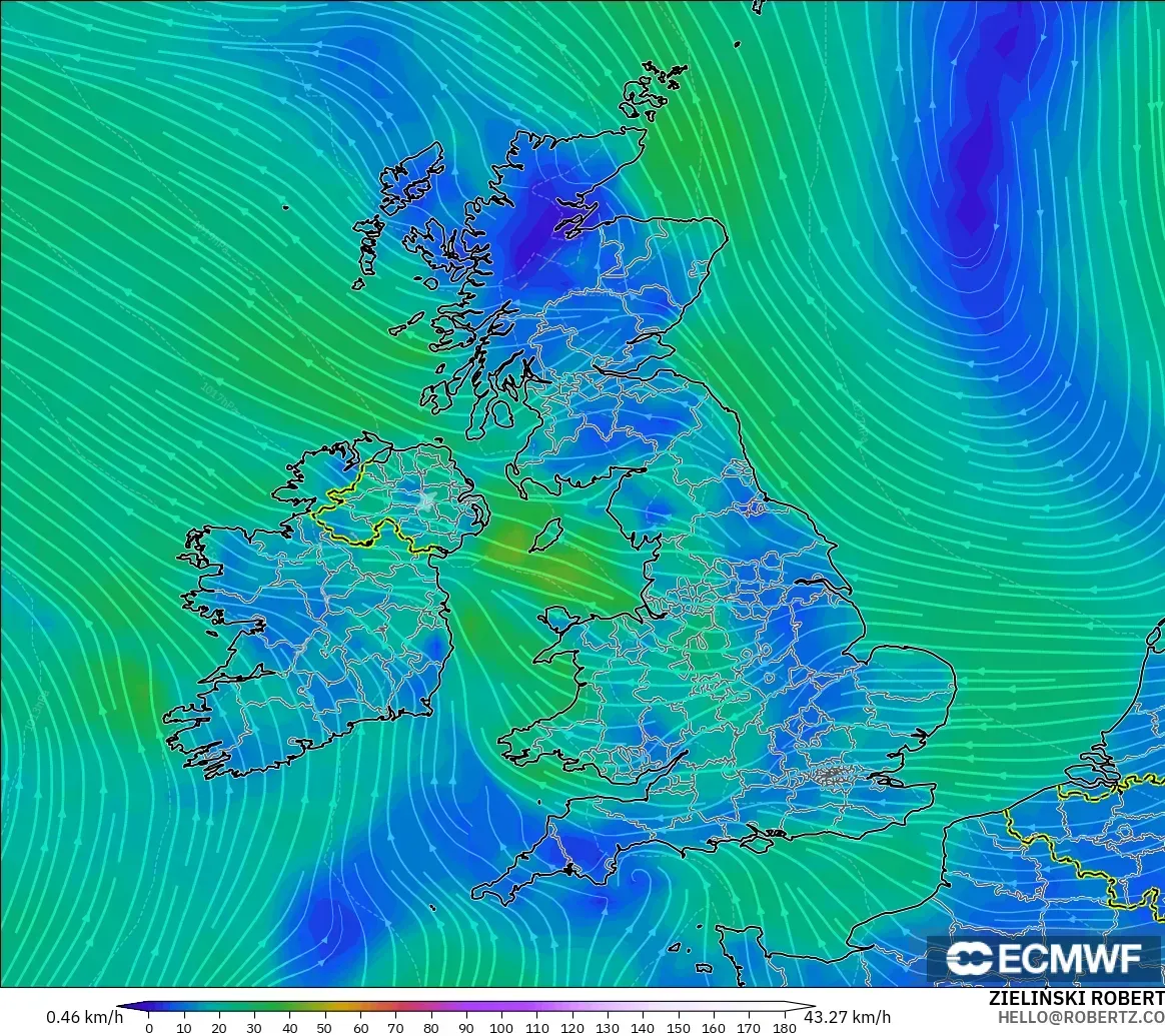 ECMWF IFS 0.25° modelo - Reino Unido, Viento a 10 m
