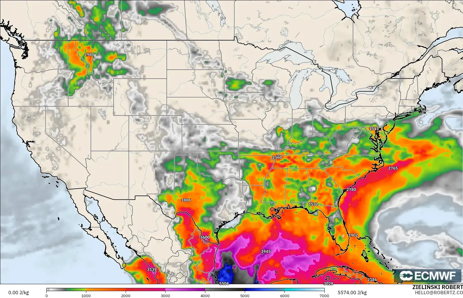ECMWF IFS 0.25° modelo - Estados Unidos, CAPE