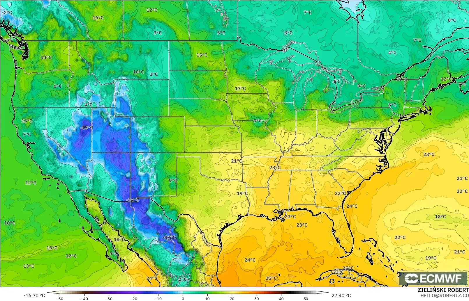 ECMWF IFS 0.25° modelo - Estados Unidos, Punto de rocío a 2 m