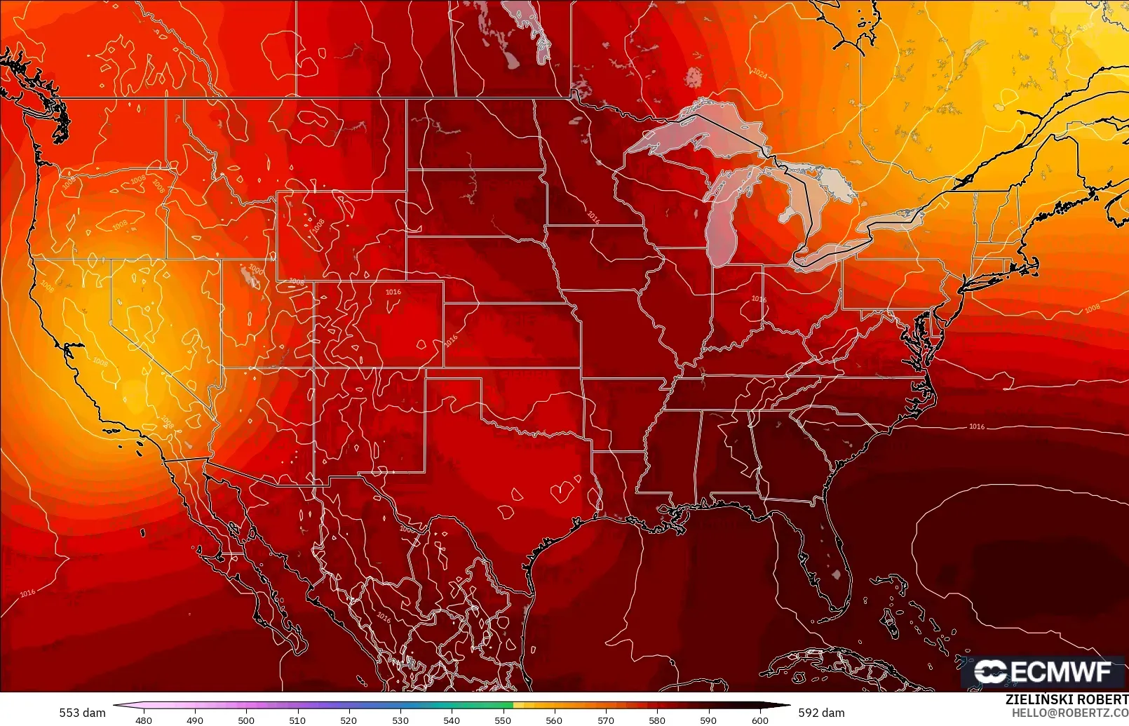 ECMWF IFS 0.25° modelo - Estados Unidos, Altura geopotencial a 500 hPa