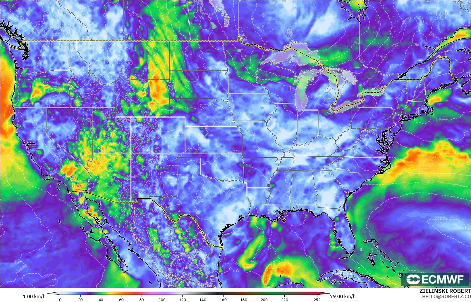ECMWF IFS 0.25° modelo - Estados Unidos, Ráfagas de viento