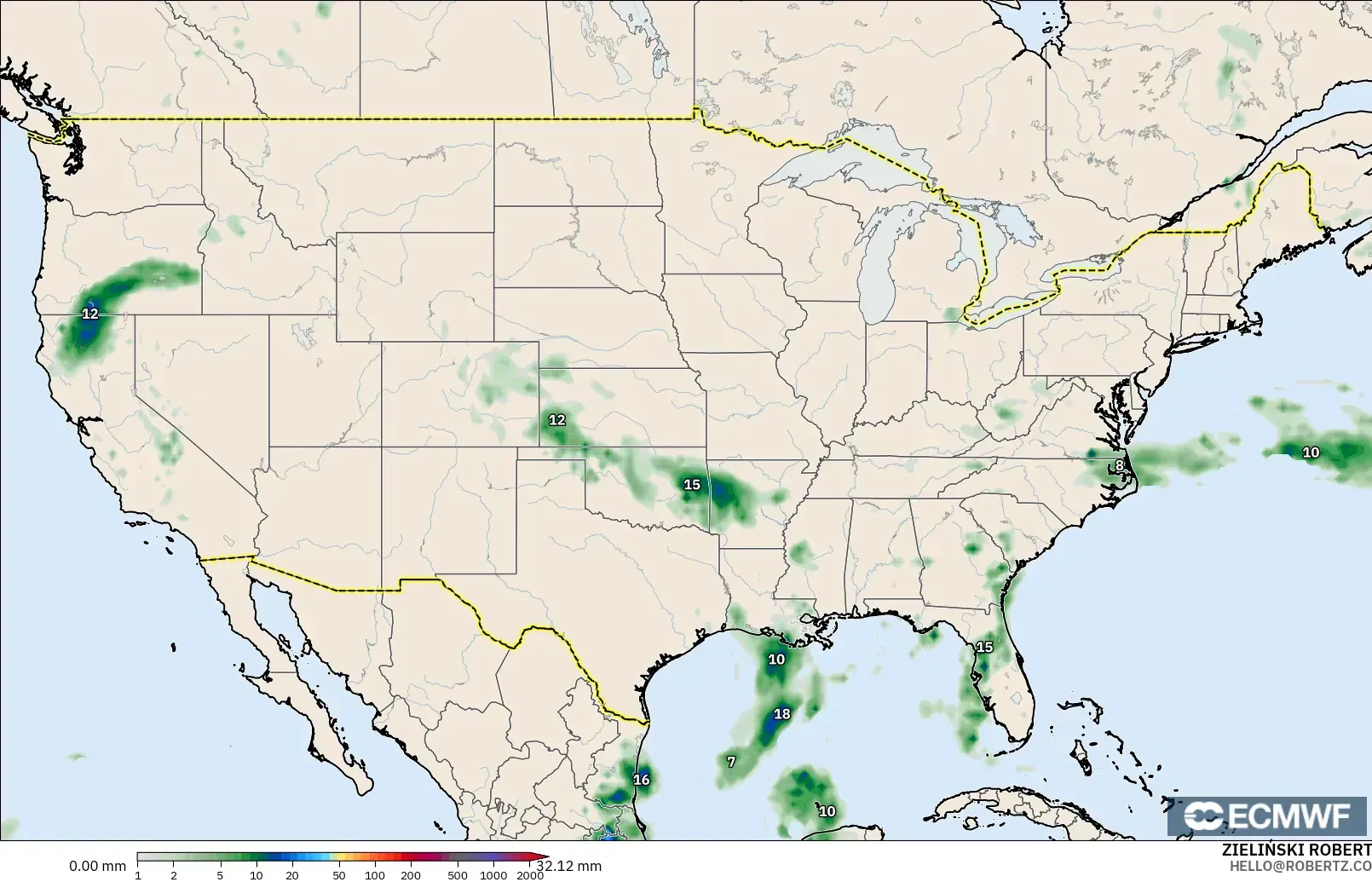 ECMWF IFS 0.25° modelo - Estados Unidos, Acumulación de precipitación