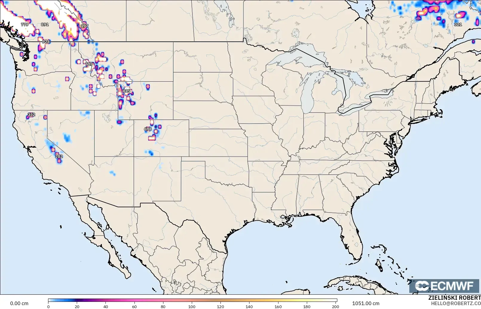 ECMWF IFS 0.25° modelo - Estados Unidos, Profundidad de nieve