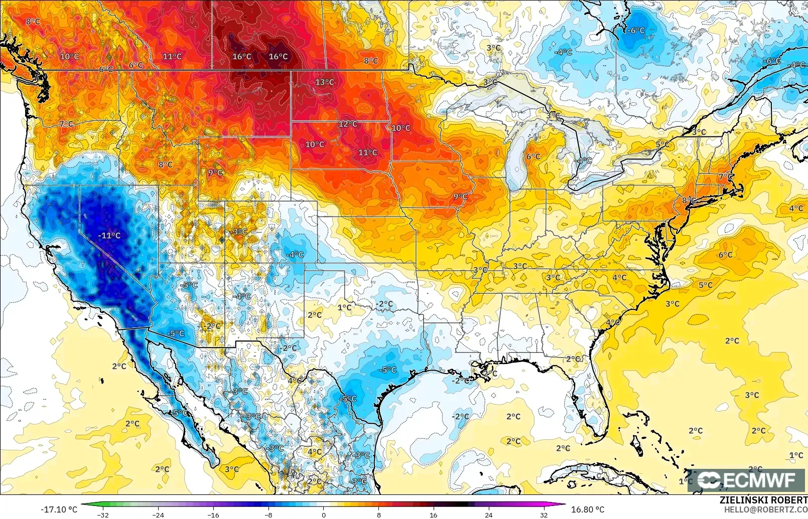 ECMWF IFS 0.25° modelo - Estados Unidos, Anomalía de temperatura a 2 m