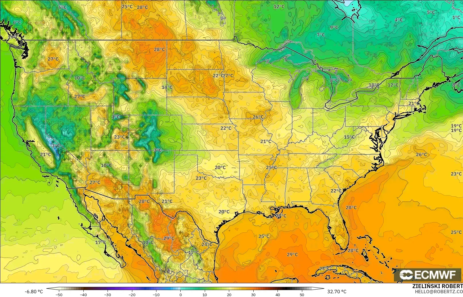 ECMWF IFS 0.25° modelo - Estados Unidos, Temperatura a 2 m