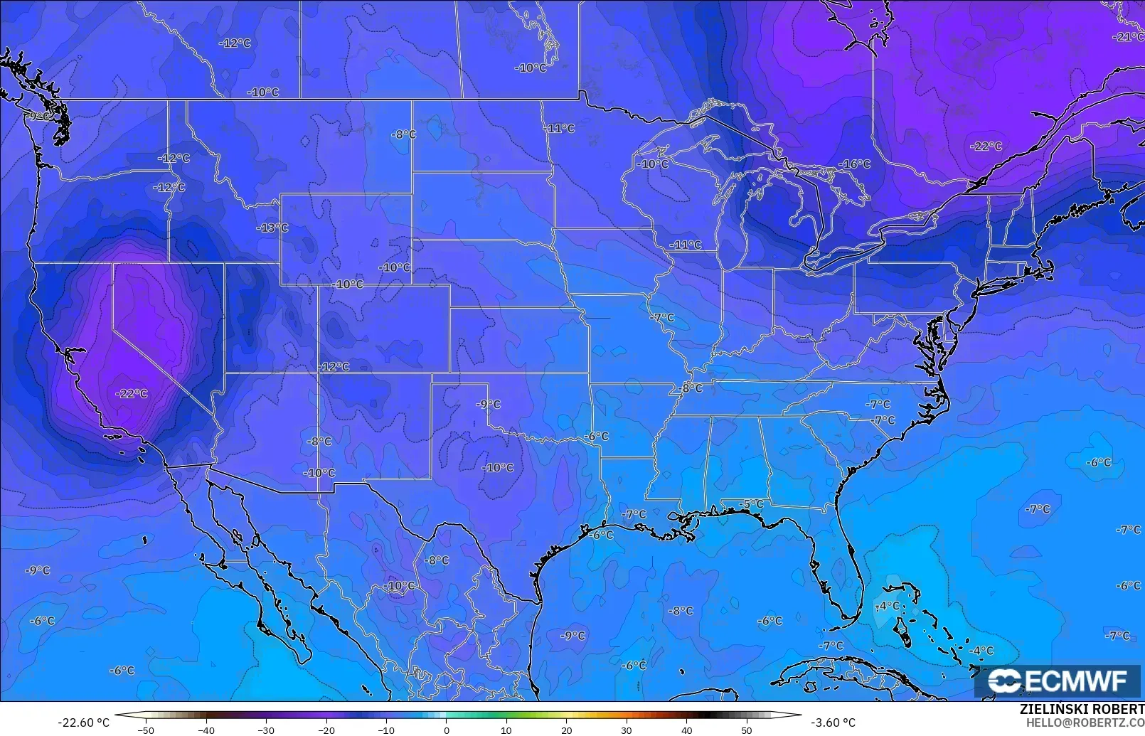 ECMWF IFS 0.25° modelo - Estados Unidos, Temperatura a 500 hPa