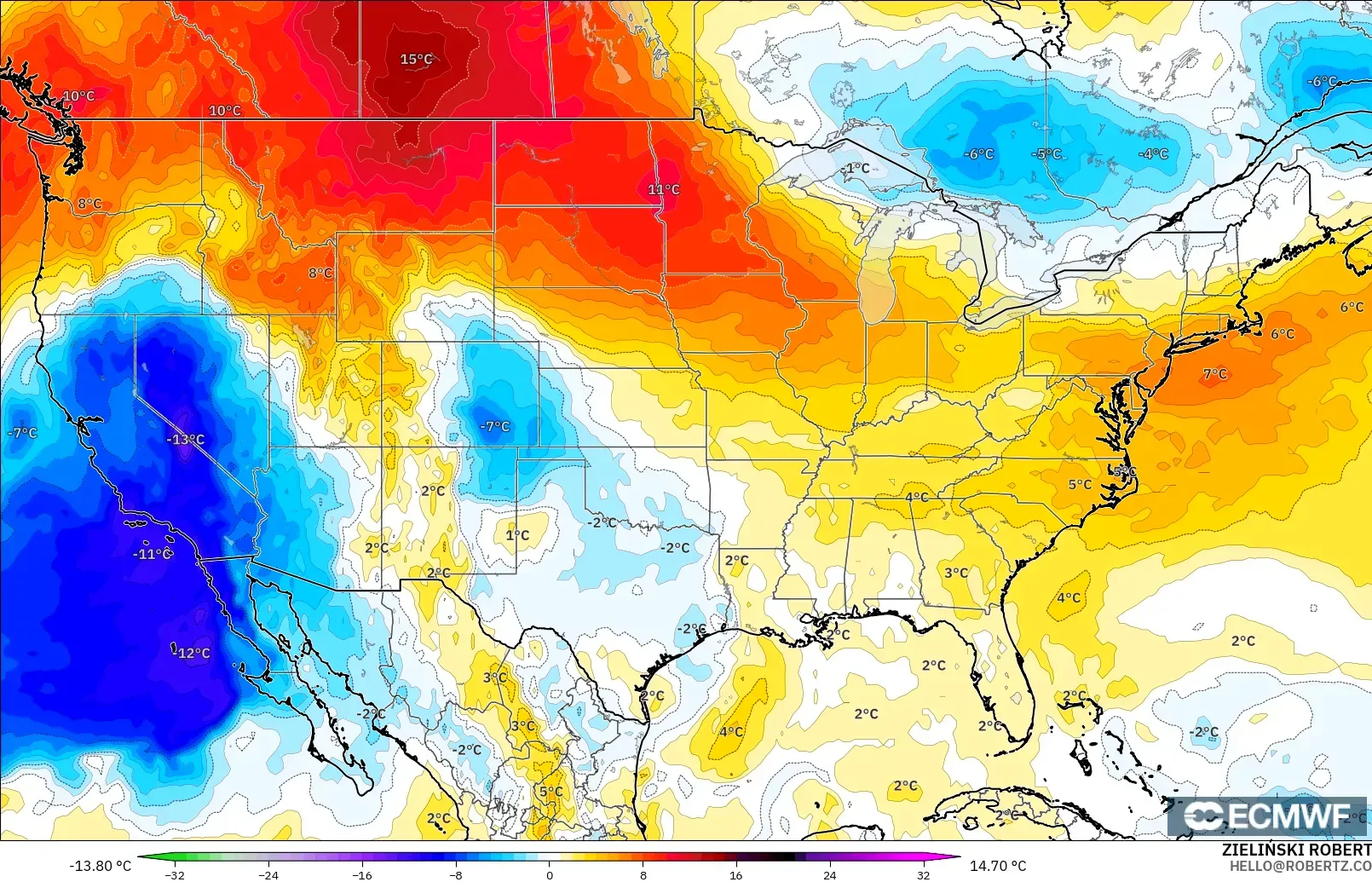 ECMWF IFS 0.25° modelo - Estados Unidos, Anomalía de temperatura a 850 hPa