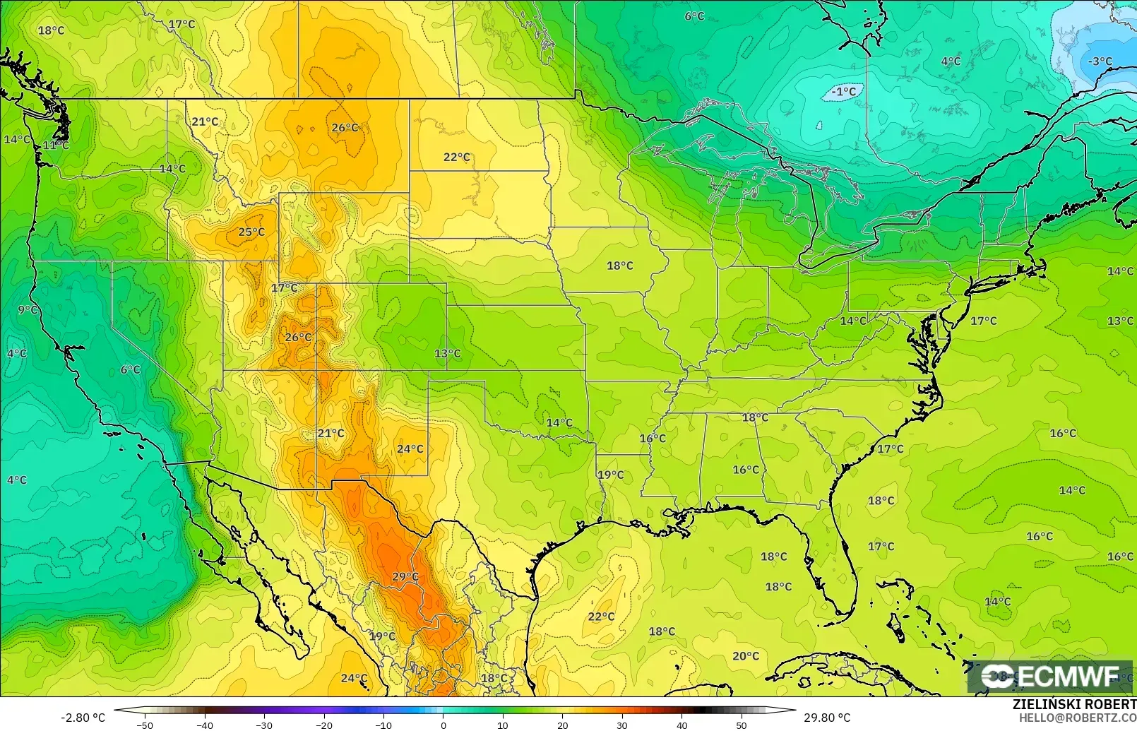 ECMWF IFS 0.25° modelo - Estados Unidos, Temperatura a 850 hPa