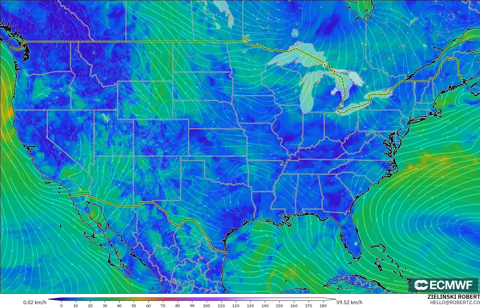 ECMWF IFS 0.25° modelo - Estados Unidos, Viento a 10 m
