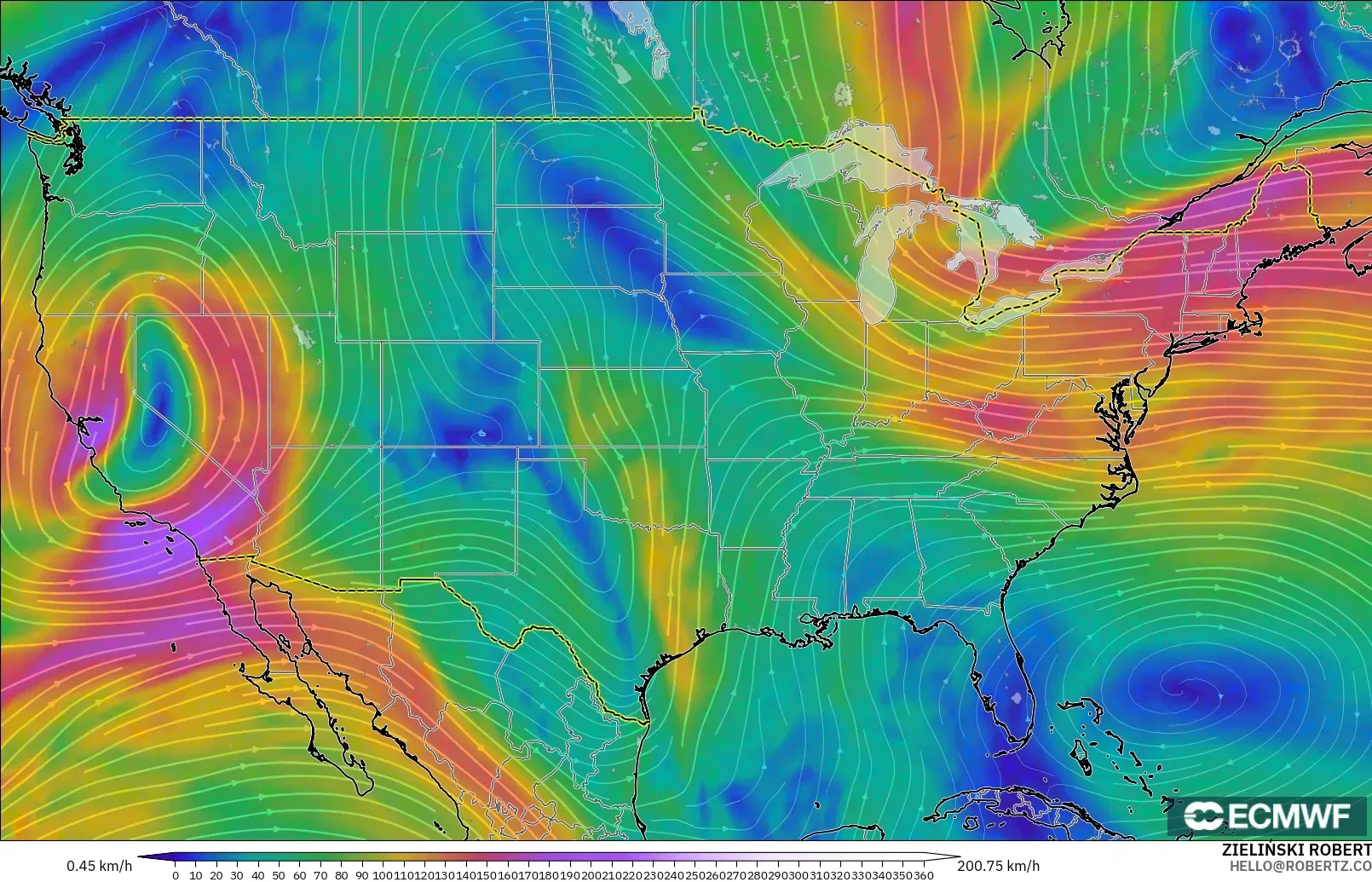 ECMWF IFS 0.25° modelo - Estados Unidos, Viento a 300 hPa (corriente en chorro)