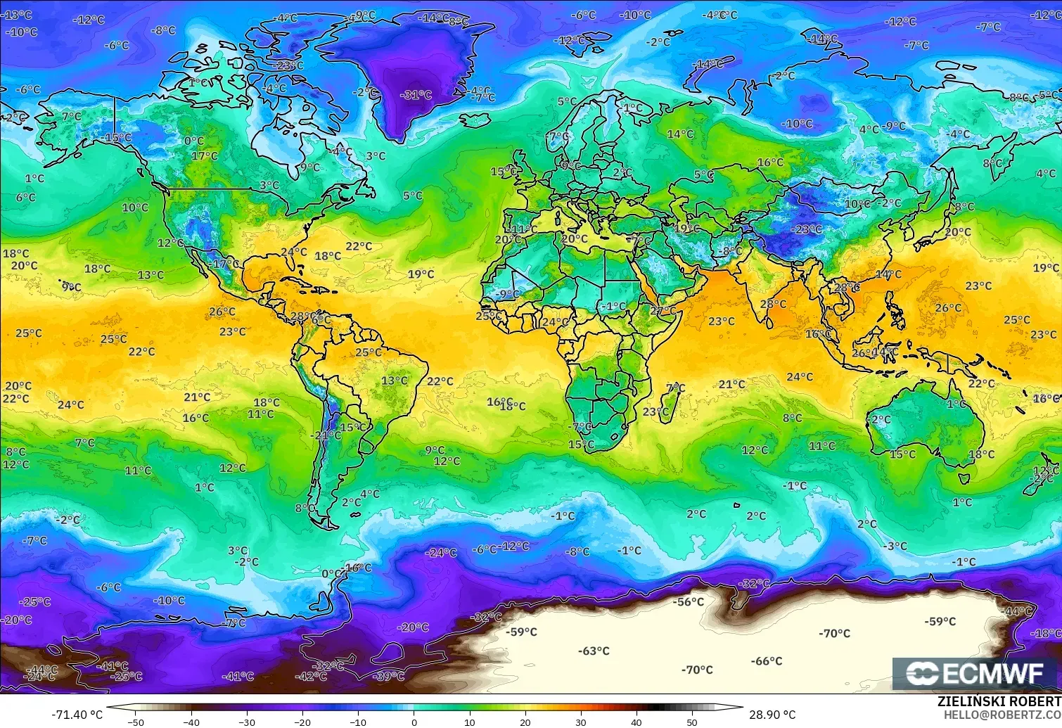 ECMWF IFS 0.25° modelo - Mundo, Punto de rocío a 2 m