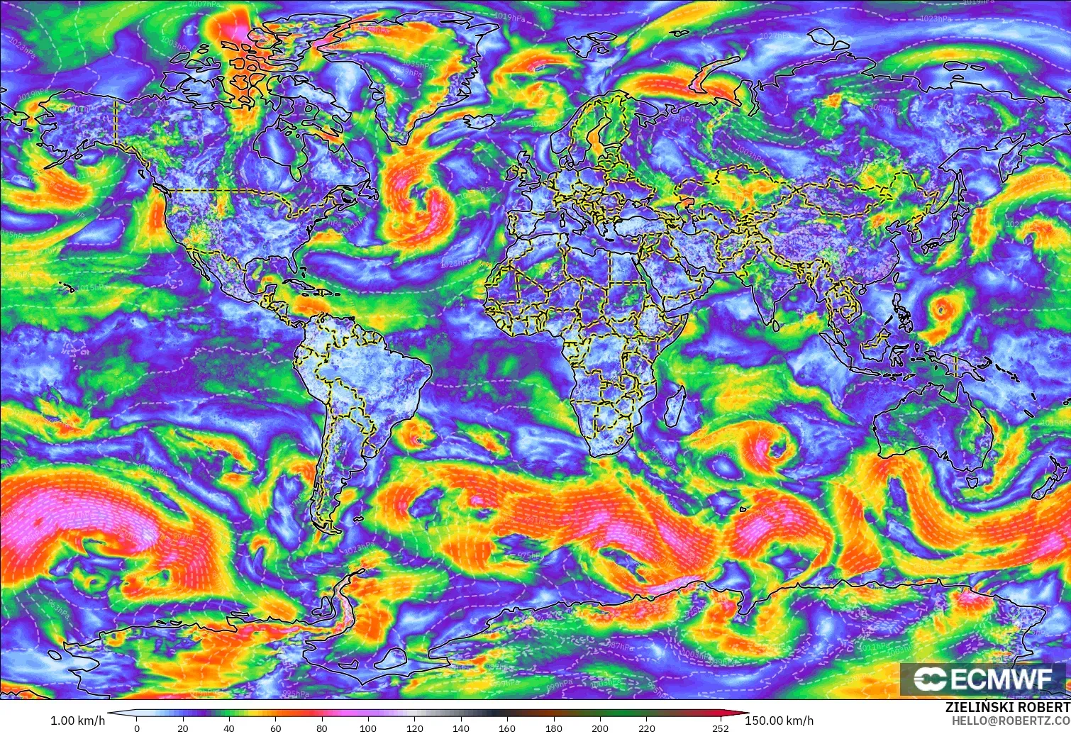 ECMWF IFS 0.25° modelo - Mundo, Ráfagas de viento