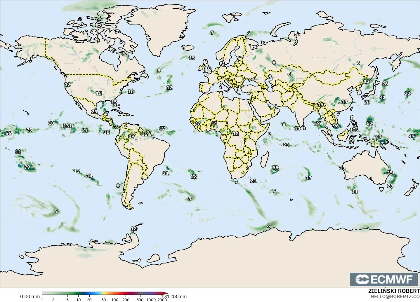 ECMWF IFS 0.25° modelo - Mundo, Acumulación de precipitación