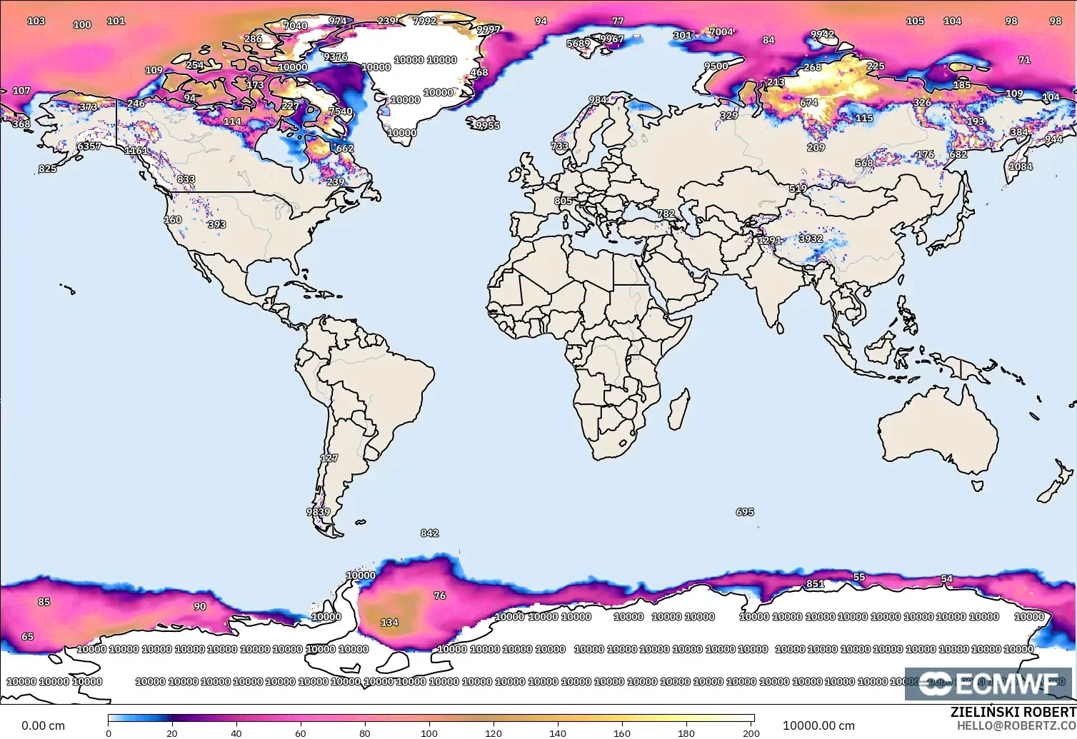 ECMWF IFS 0.25° modelo - Mundo, Profundidad de nieve
