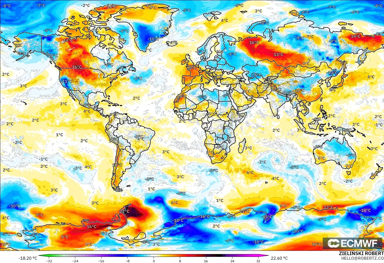 ECMWF IFS 0.25° modelo - Mundo, Anomalía de temperatura a 2 m