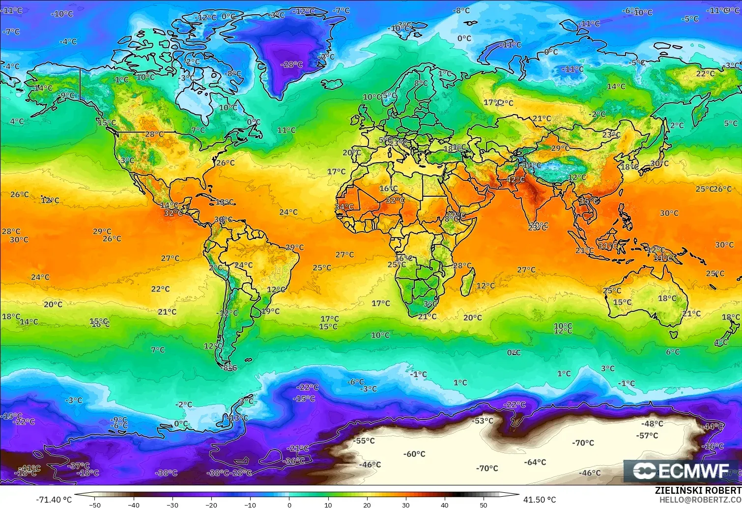 ECMWF IFS 0.25° modelo - Mundo, Temperatura a 2 m