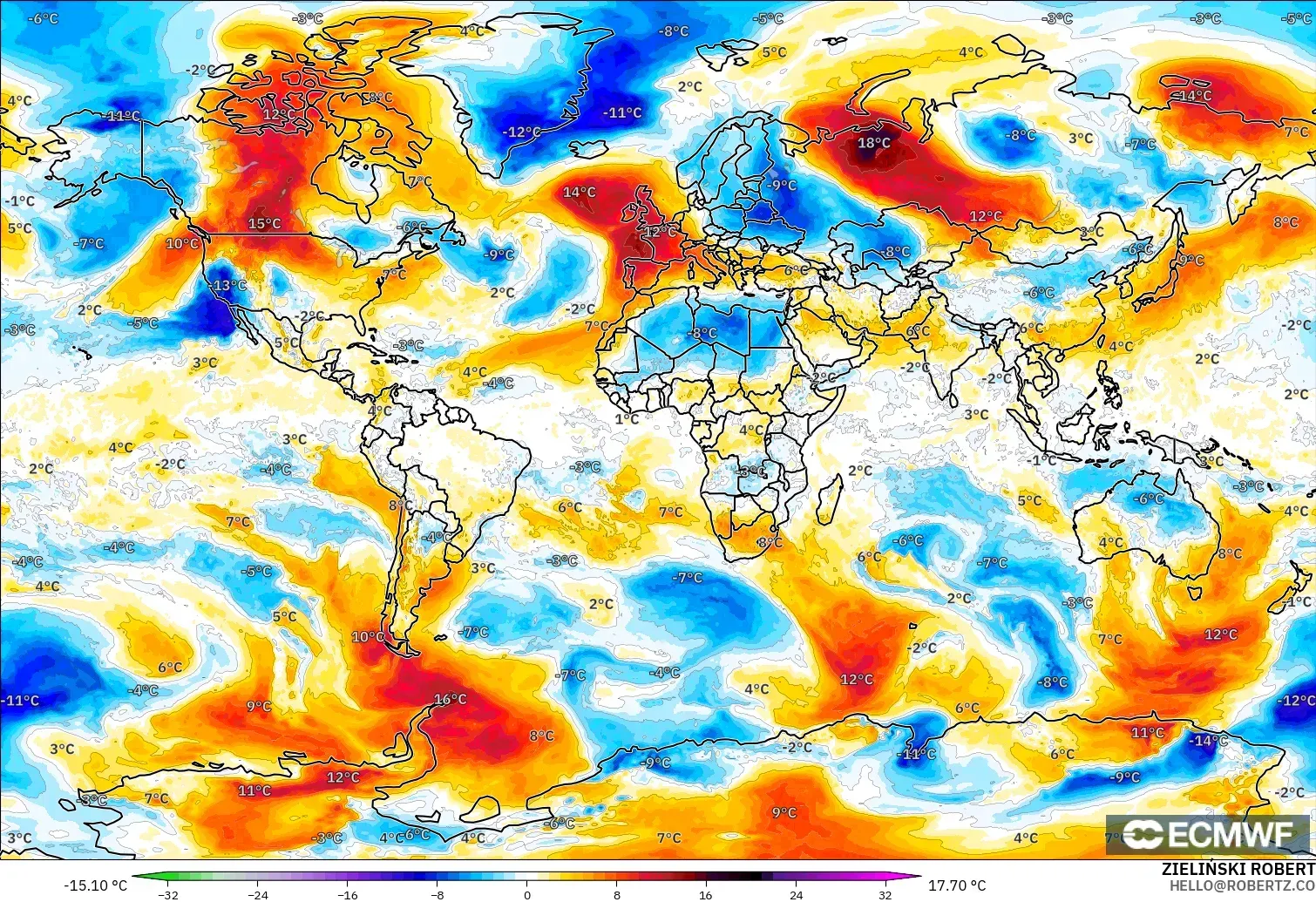 ECMWF IFS 0.25° modelo - Mundo, Anomalía de temperatura a 850 hPa