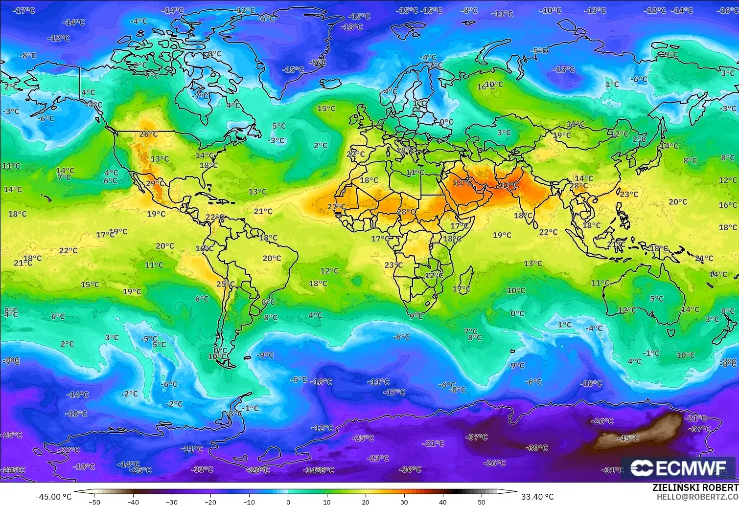 ECMWF IFS 0.25° modelo - Mundo, Temperatura a 850 hPa