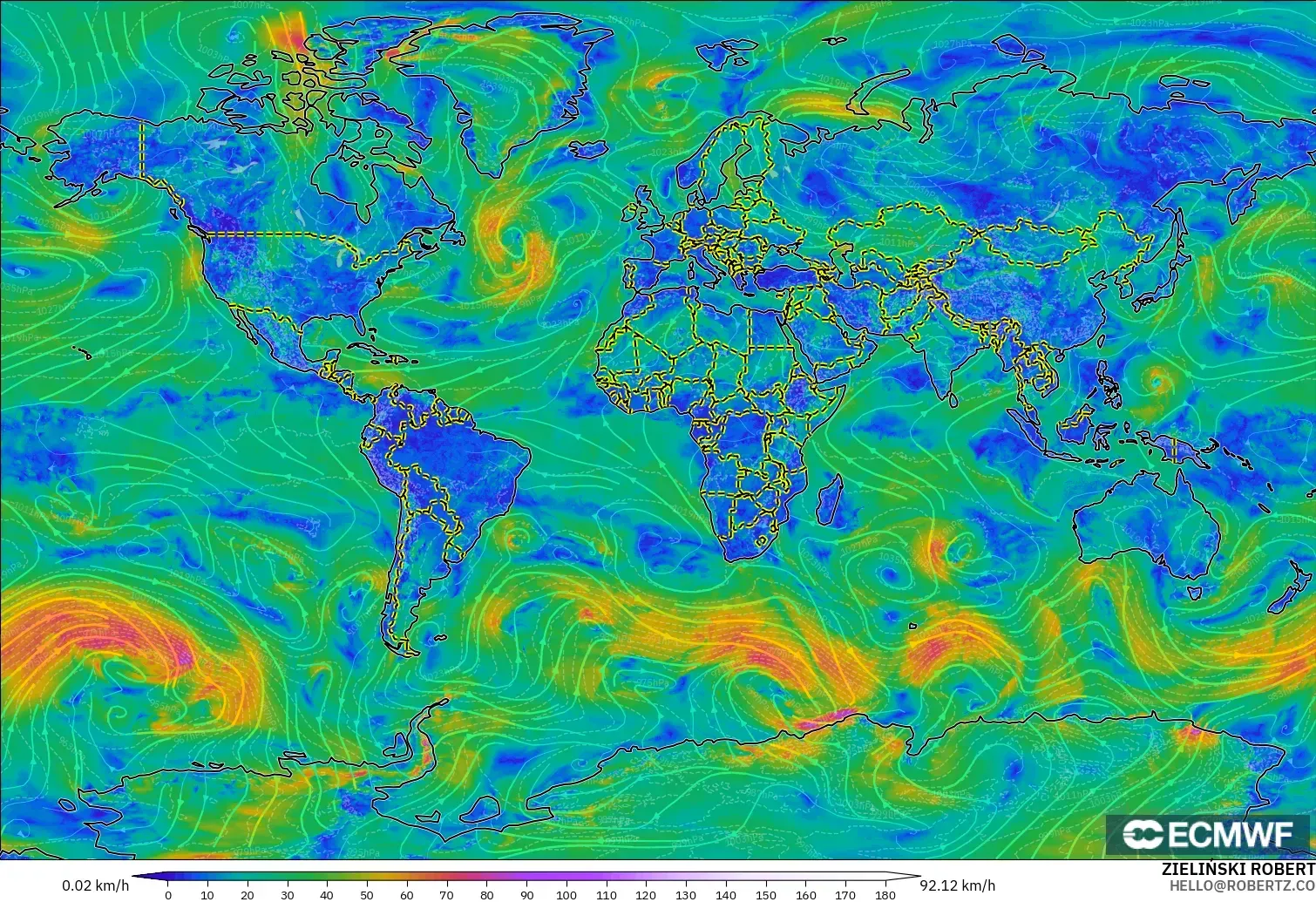 ECMWF IFS 0.25° modelo - Mundo, Viento a 10 m