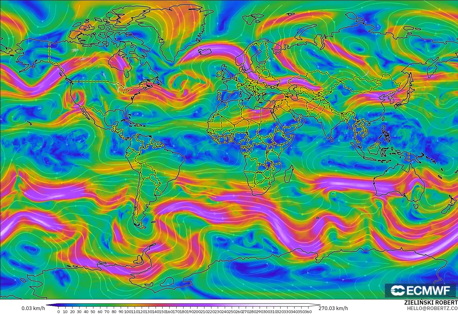 ECMWF IFS 0.25° modelo - Mundo, Viento a 300 hPa (corriente en chorro)