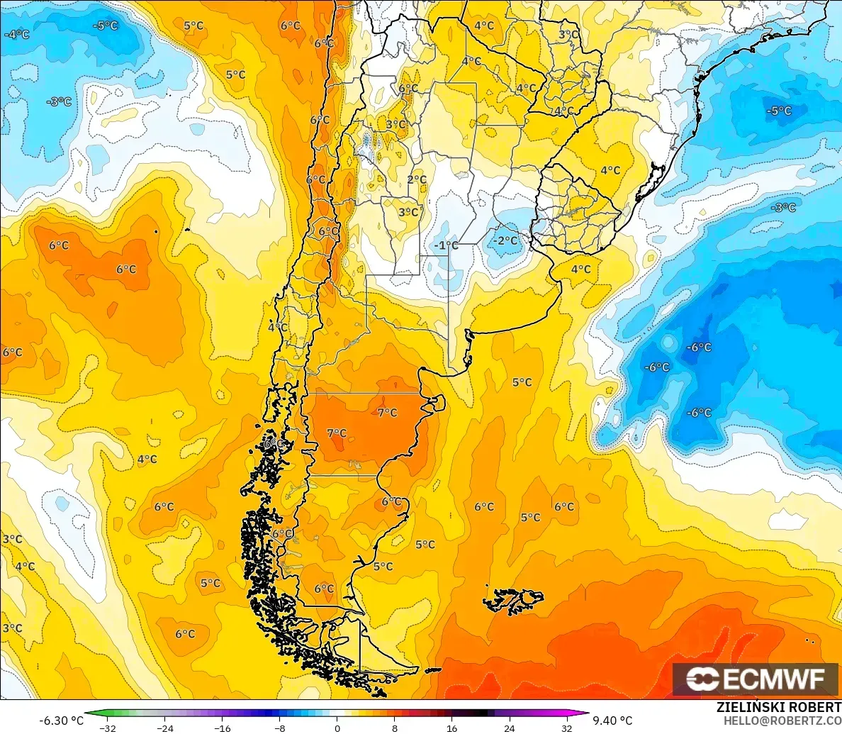 ECMWF IFS 0.25° modelo - Argentina, Anomalía de temperatura a 850 hPa