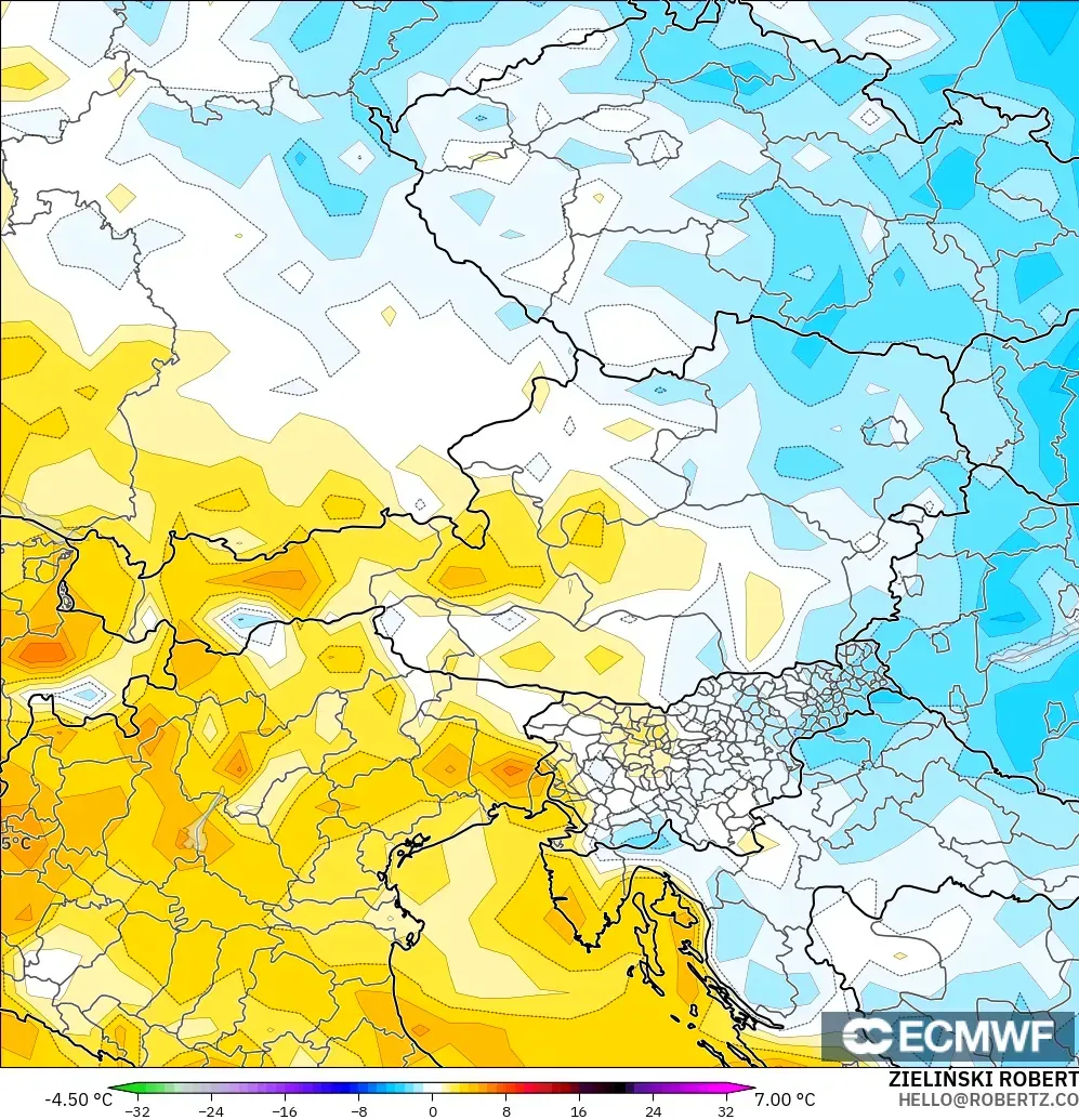 ECMWF IFS 0.25° modelo - Austria, Anomalía de temperatura a 2 m
