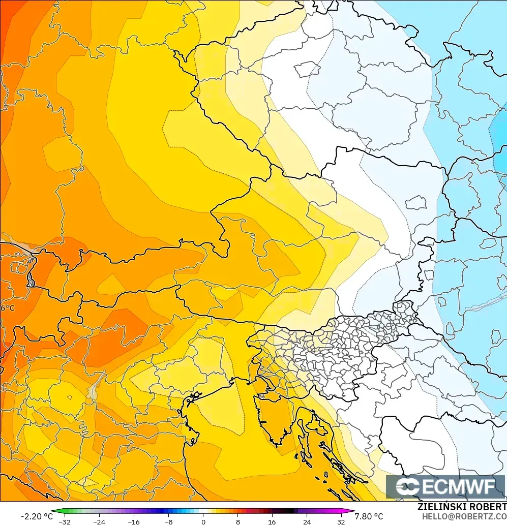 ECMWF IFS 0.25° modelo - Austria, Anomalía de temperatura a 850 hPa