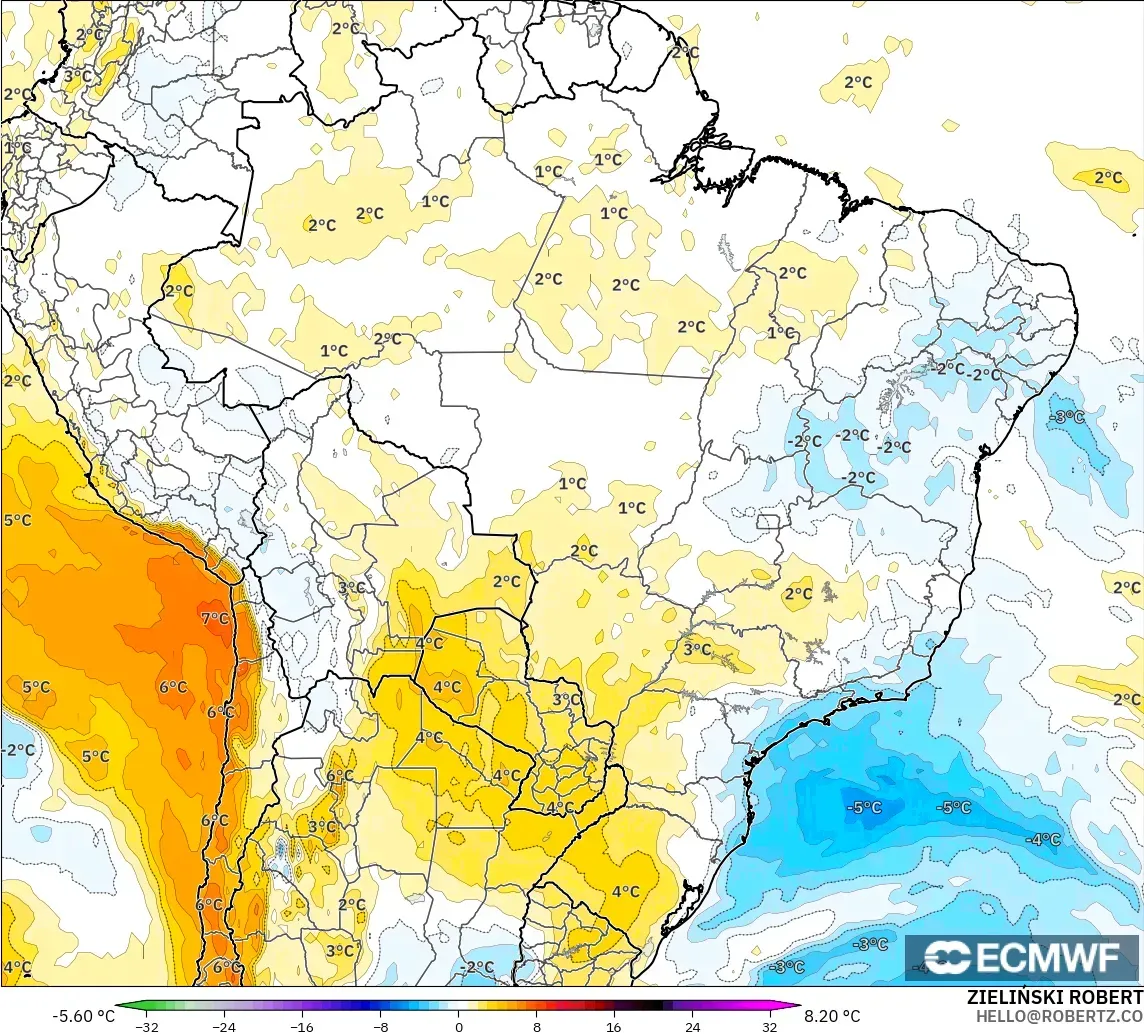 ECMWF IFS 0.25° modelo - Brasil, Anomalía de temperatura a 850 hPa