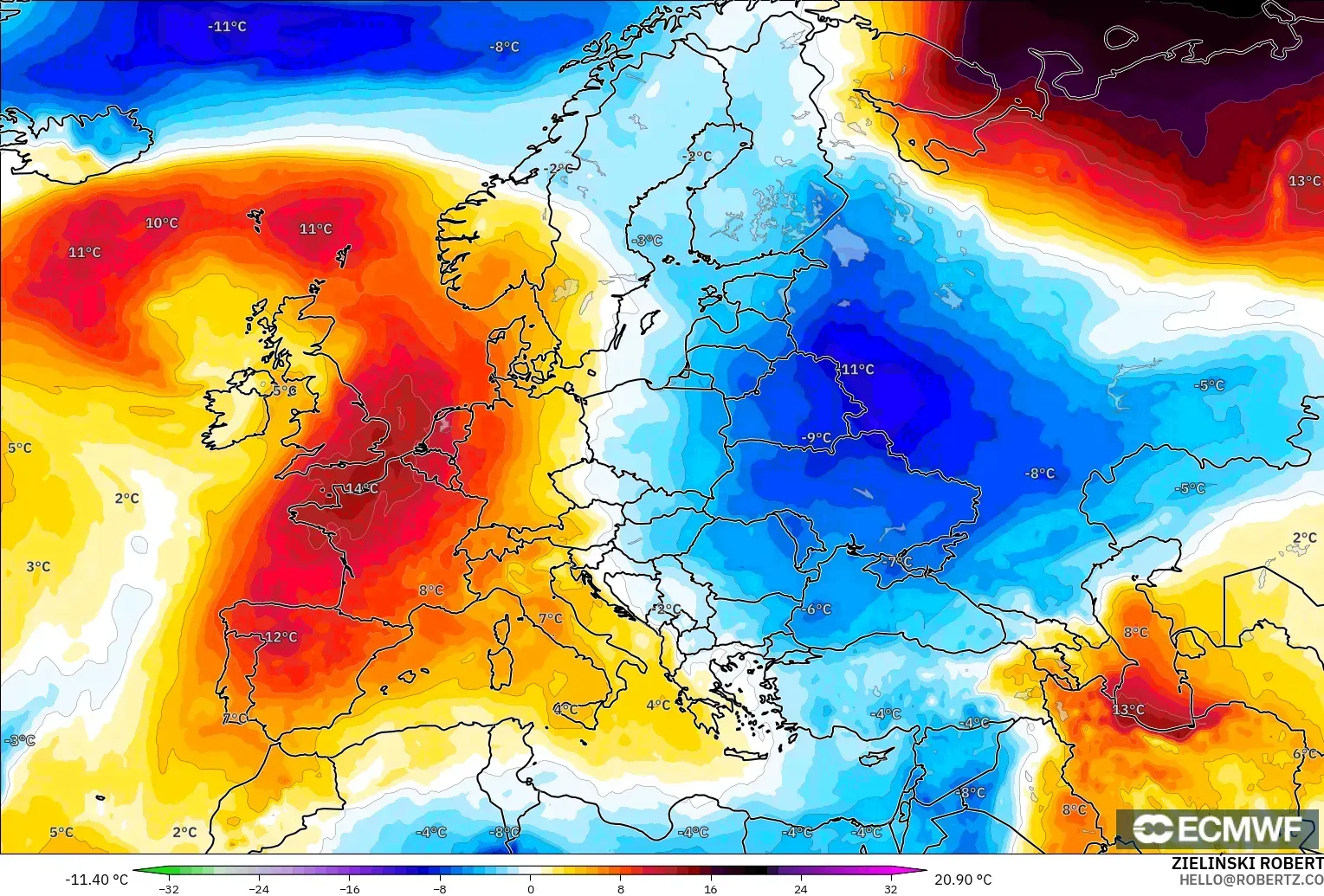 ECMWF IFS 0.25° modelo - Europa, Anomalía de temperatura a 850 hPa