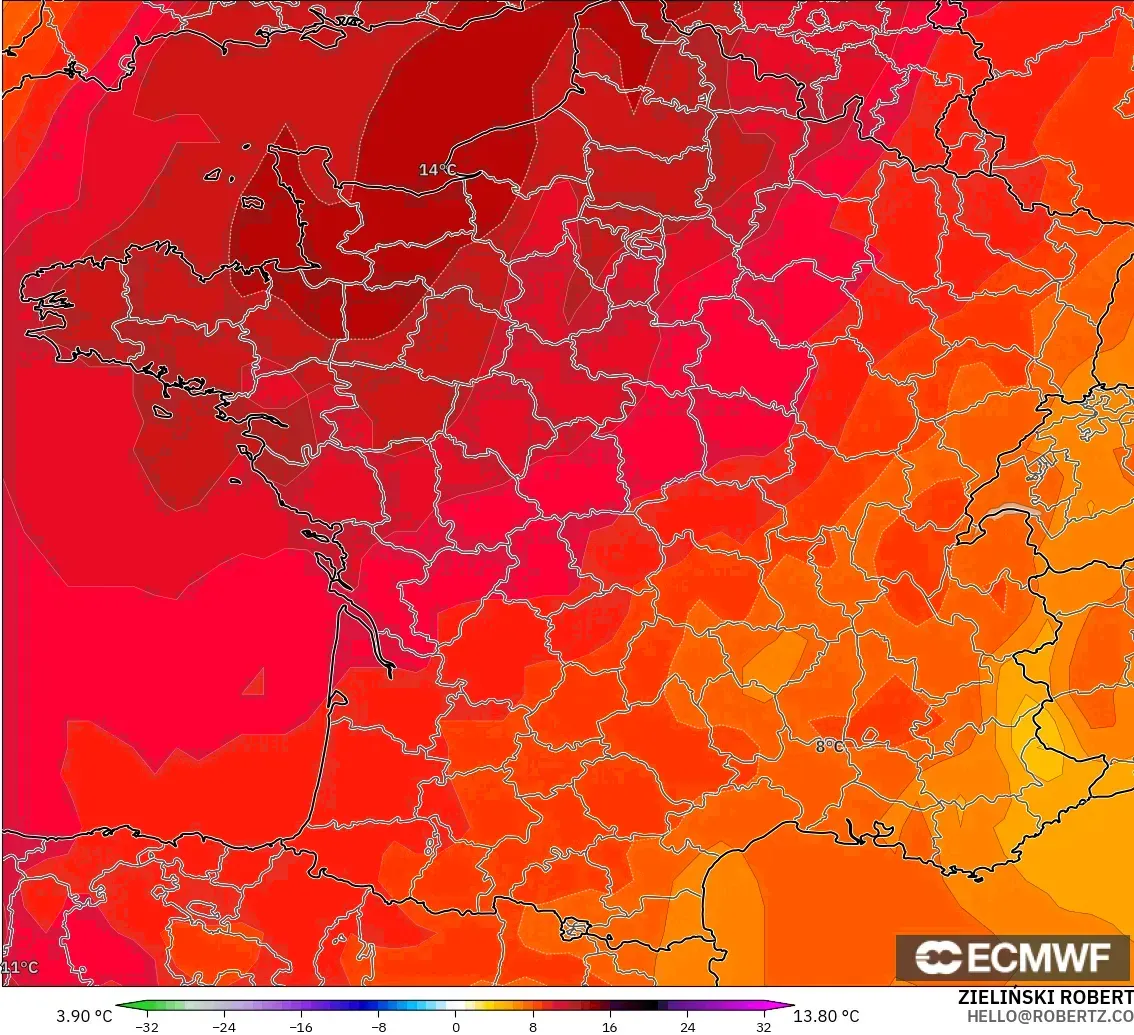 ECMWF IFS 0.25° modelo - Francia, Anomalía de temperatura a 850 hPa