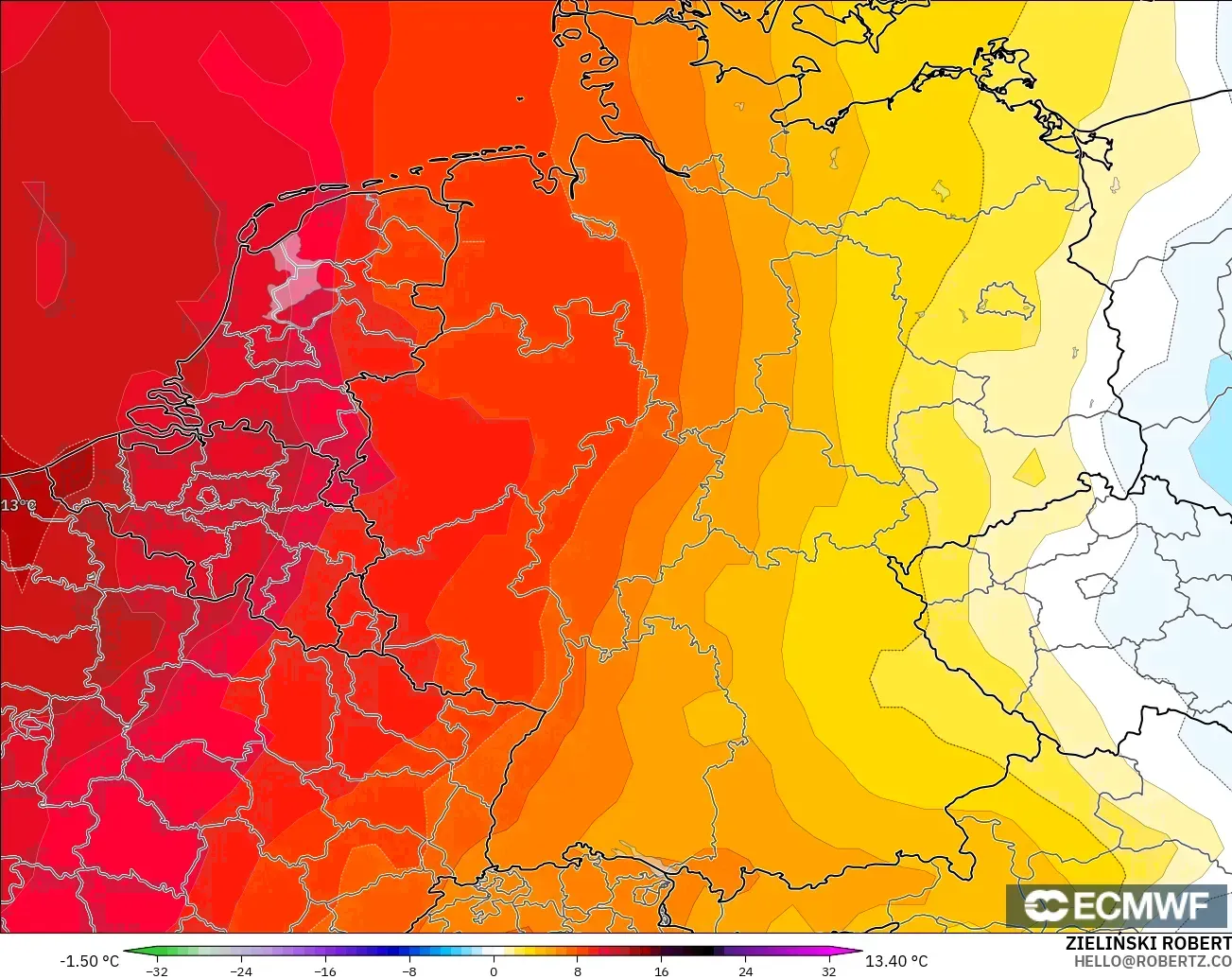 ECMWF IFS 0.25° modelo - Alemania, Anomalía de temperatura a 850 hPa