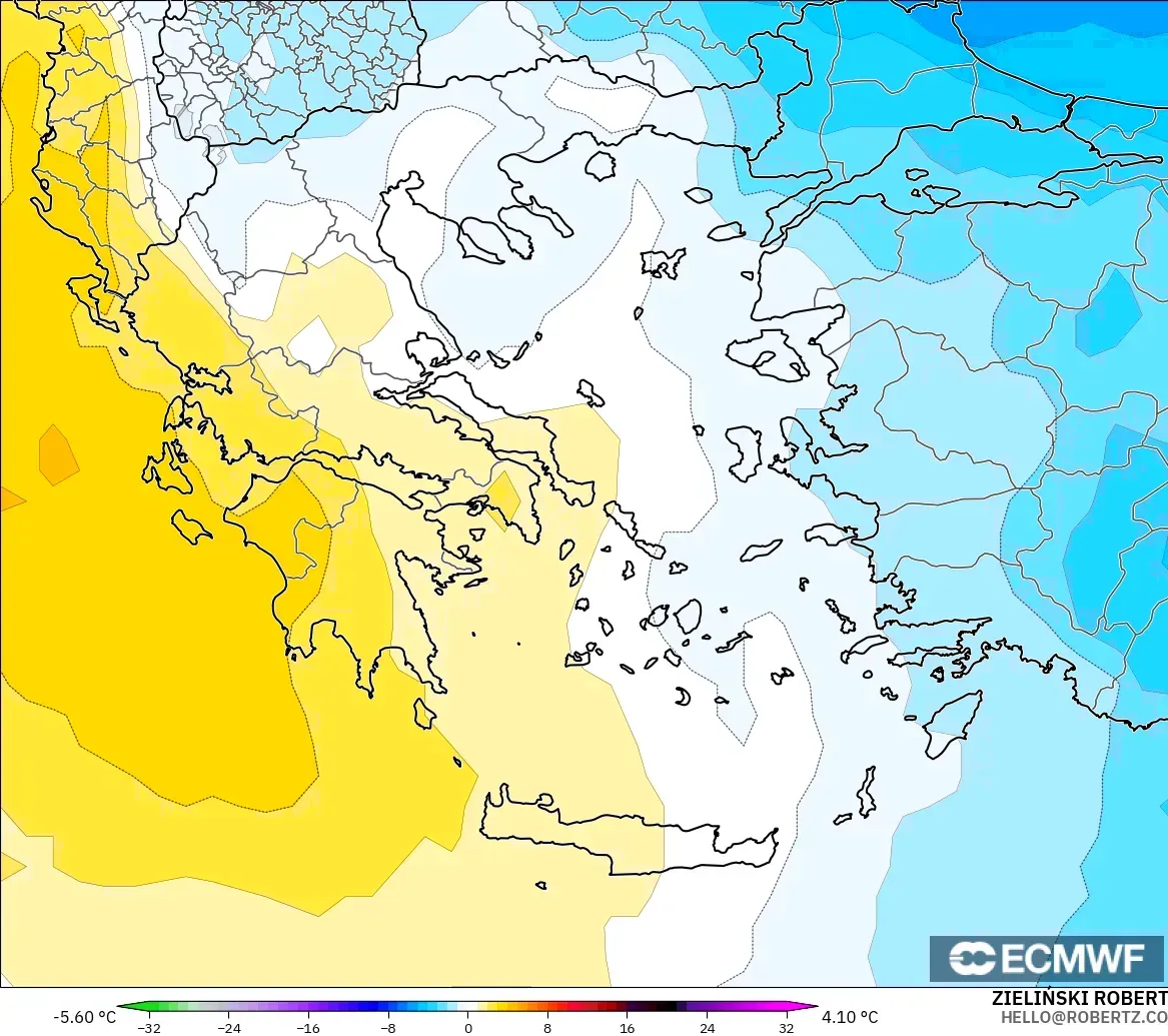 ECMWF IFS 0.25° modelo - Grecia, Anomalía de temperatura a 850 hPa