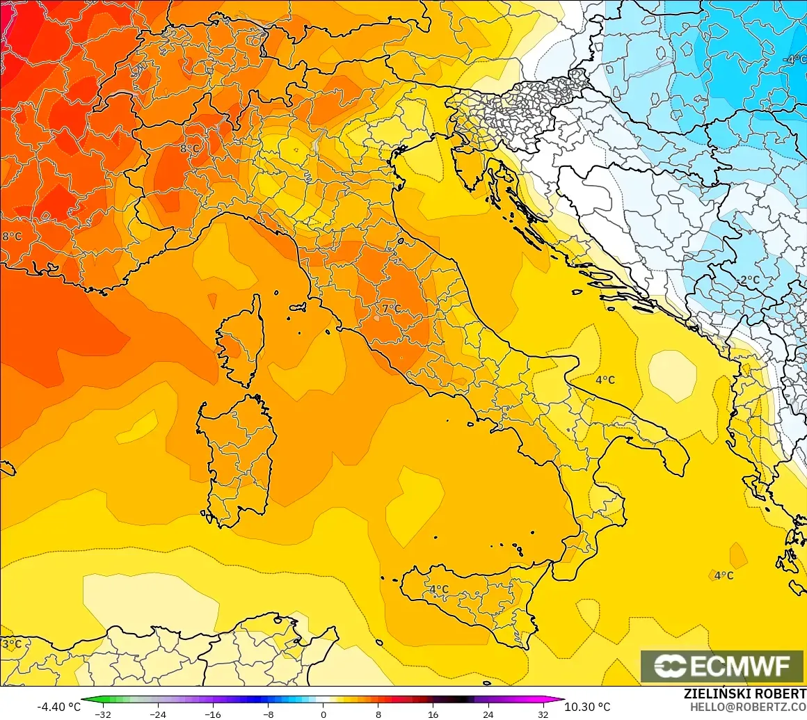ECMWF IFS 0.25° modelo - Italia, Anomalía de temperatura a 850 hPa